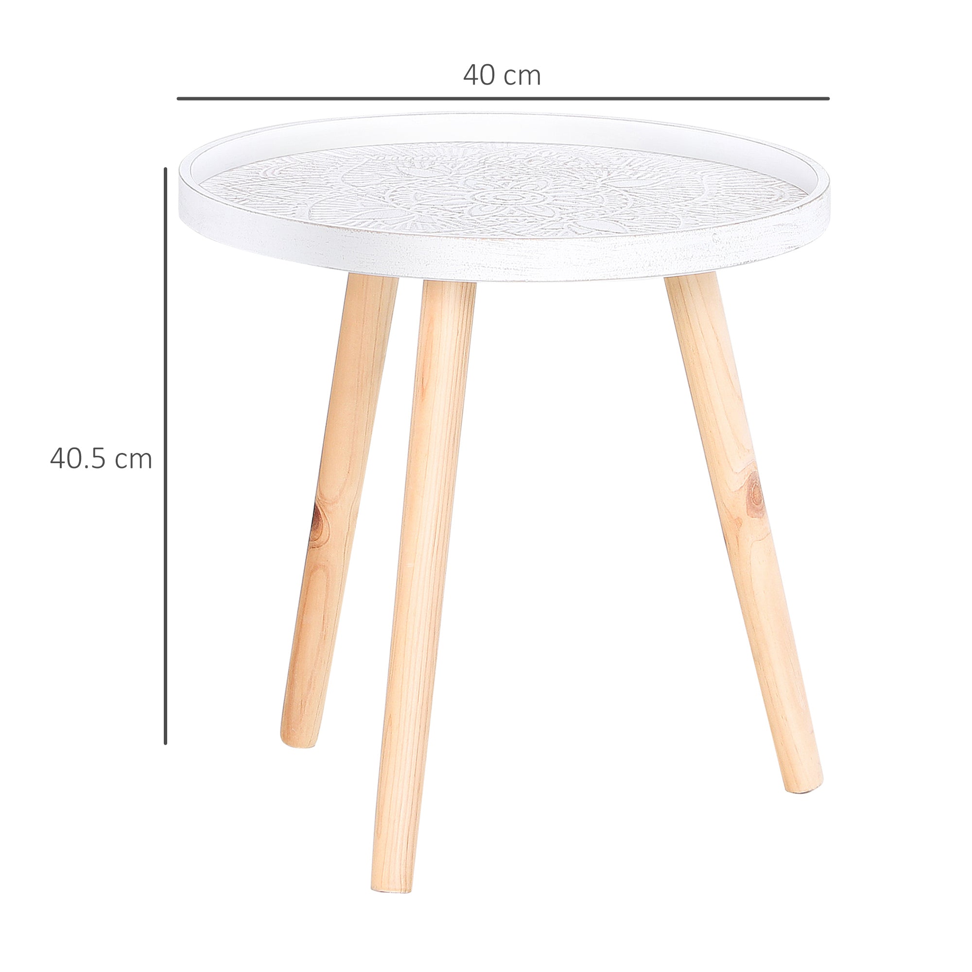 HOMCOM Coffee Table, Carved Floral Round Table with Tray-style Top and Wood Legs, Modern Side Table for Living Room, Set of 2, White - North Peak Garden Furniture