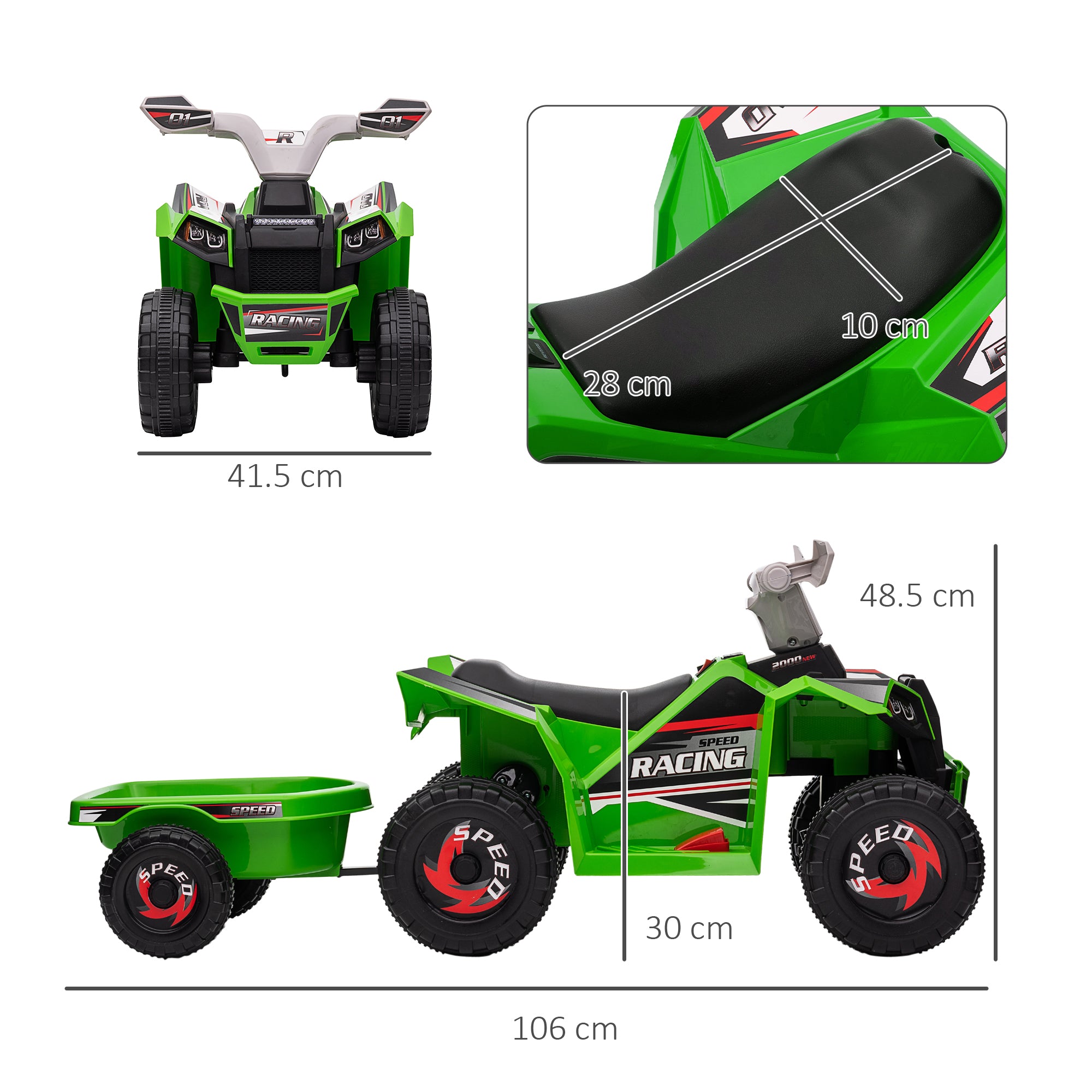 HOMCOM 6V Quad Bike with Back Trailer, Wear-Resistant Wheels, for Ages 18-36 Months, Green - North Peak Garden Furniture