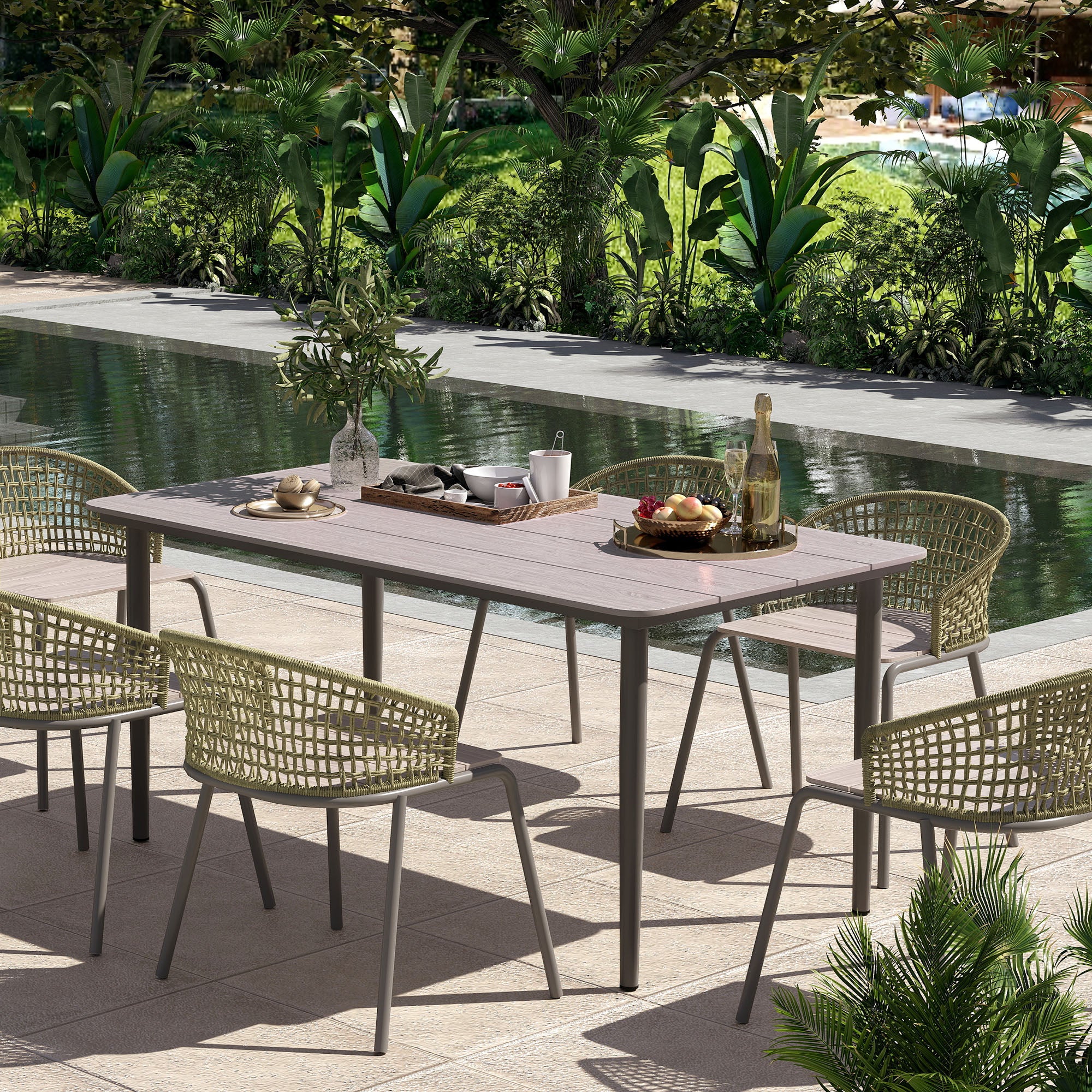 Outsunny Garden Table, Outdoor Dining Table for 6 People, 160 x 90 x 74 cm, with Rust Resistant Metal Frame, WPC Top, for Balcony, Terrace, Light Grey - North Peak Garden Furniture