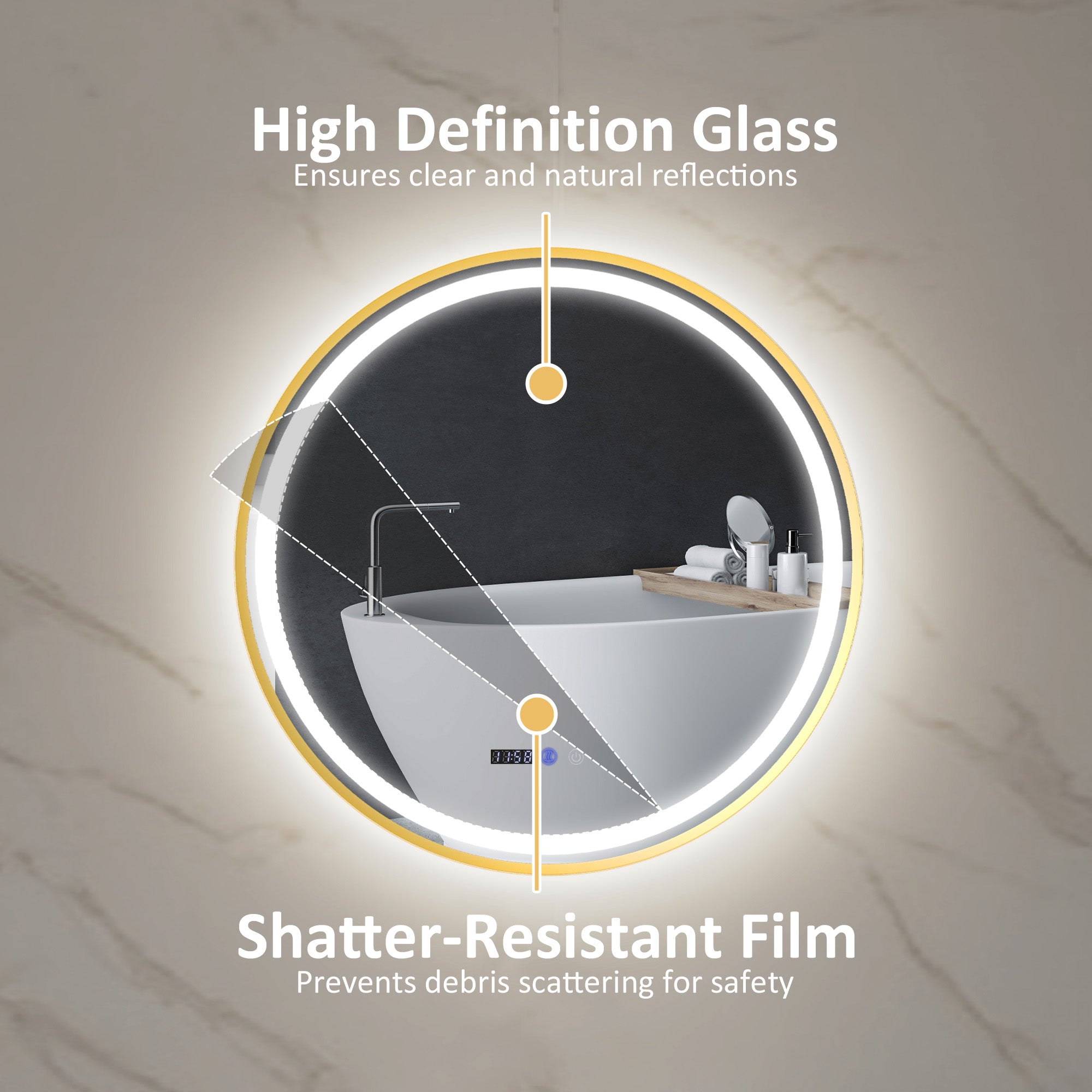 HOMCOM Round Bathroom Mirror with LED Lights, 800mm Backlit Illuminated Bathroom Mirror, Dimmable Wall Mounted Vanity Mirror with Demister Pad, Touch Switch, Time and Temp Display, Gold Tone - North Peak Garden Furniture