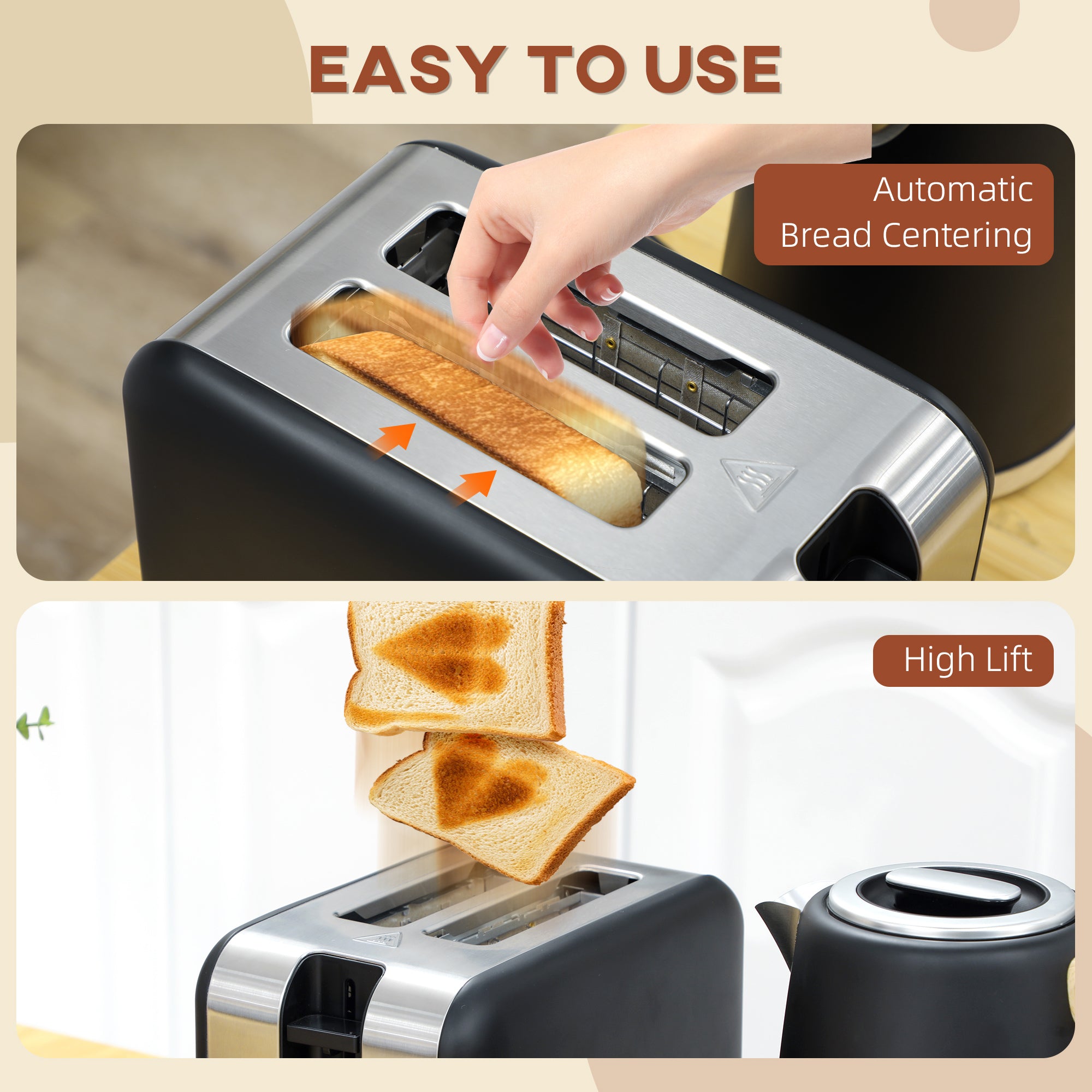 HOMCOM Kettle and Toaster Set, 1.7L 3000W Fast Boil Kettle & 2 Slice Toaster Kitchen Set with 7 Level Browning Controls, Defrost, Reheat, Auto Off, Boil-dry Protection, Black - North Peak Garden Furniture