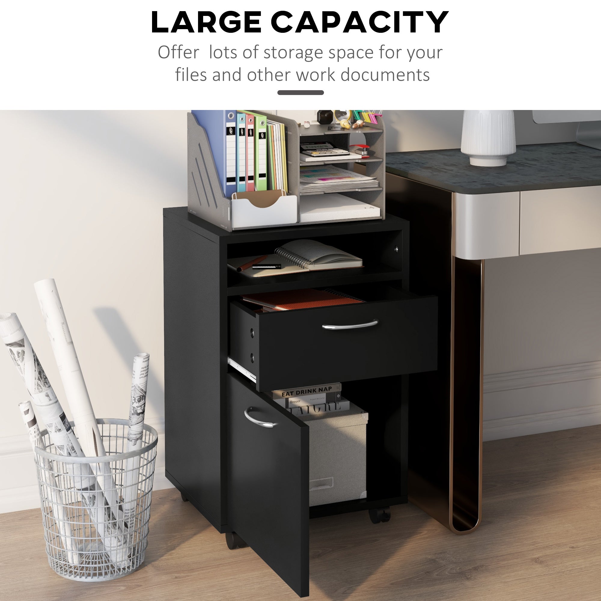HOMCOM 60cm Storage Cabinet with Drawer, Open Shelf, Metal Handles and 4 Wheels, Office Home Organiser Mobile Printer, Black - North Peak Garden Furniture