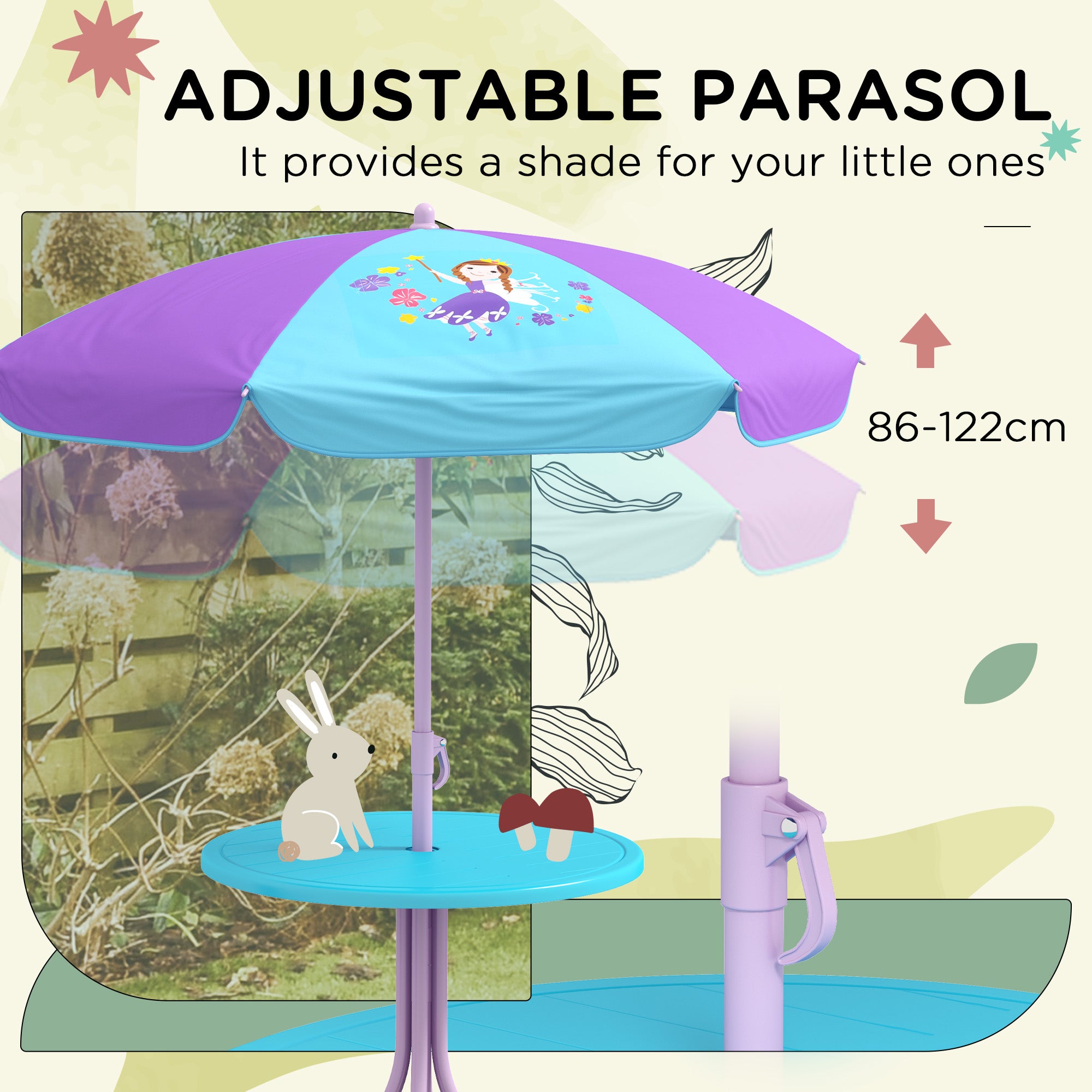 Outsunny Kids Picnic Table and Chair Set, Fairy Themed Outdoor Garden Furniture w/ Foldable Chairs, Adjustable Parasol