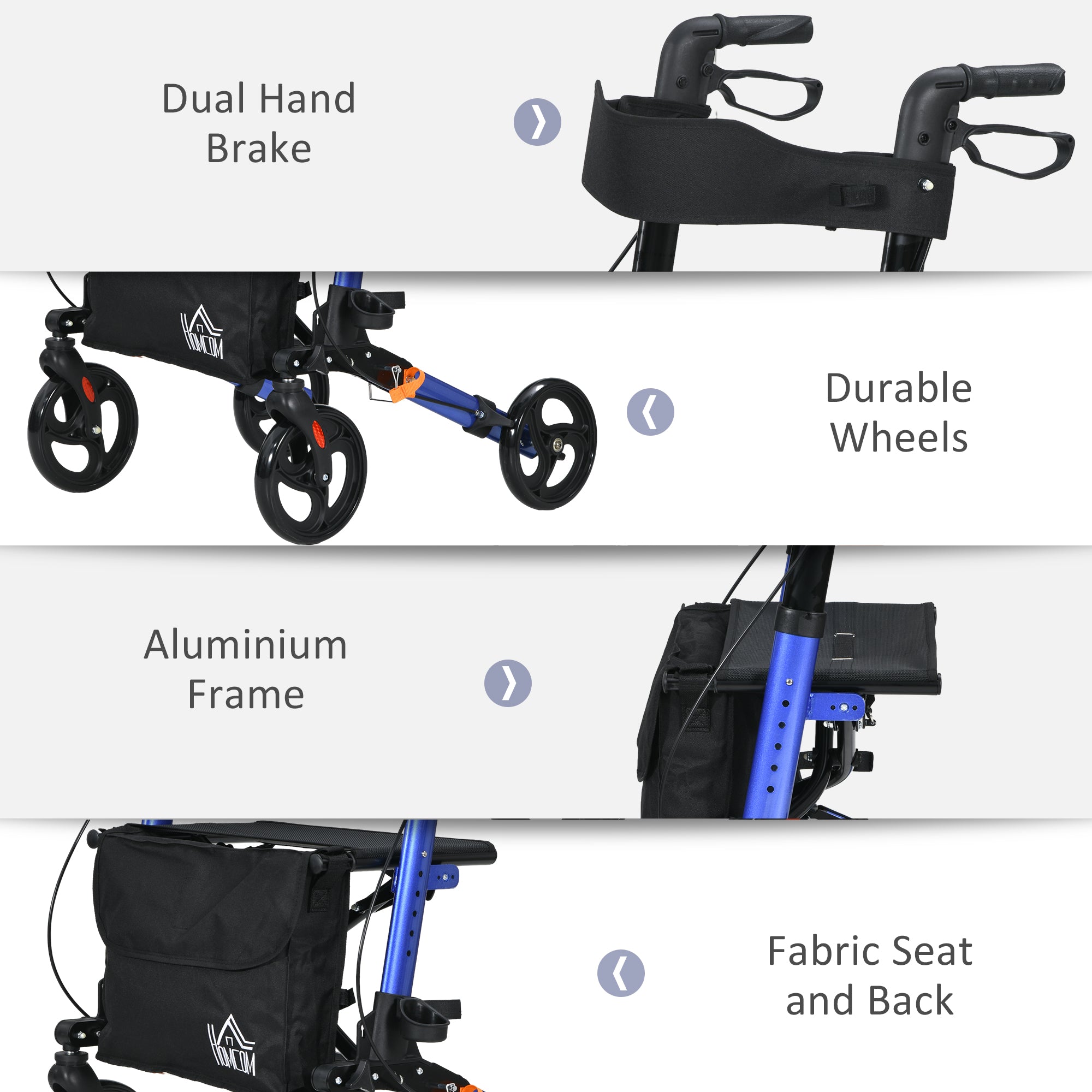 HOMCOM 4 Wheel Rollator with Seat and Back, Folding Mobility Walker with Carry Bag, Adjustable Height, Dual Brakes, Cane Holder, Lightweight Aluminium Walking Frame for Seniors and Disabled, Blue