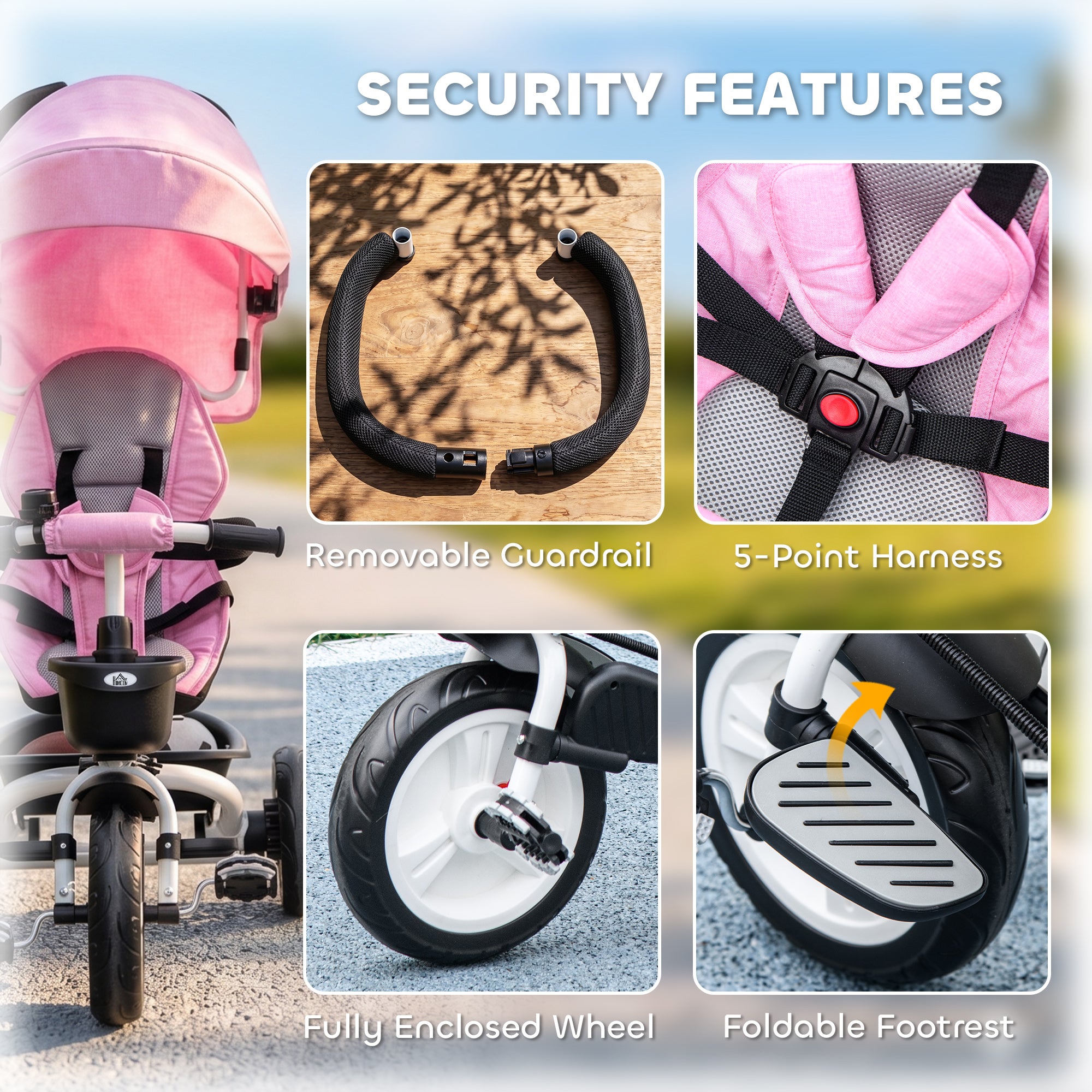 HOMCOM Metal Frame 6 in 1 Baby Push Tricycle with Parent Handle for 1-5 Years Old, Pink