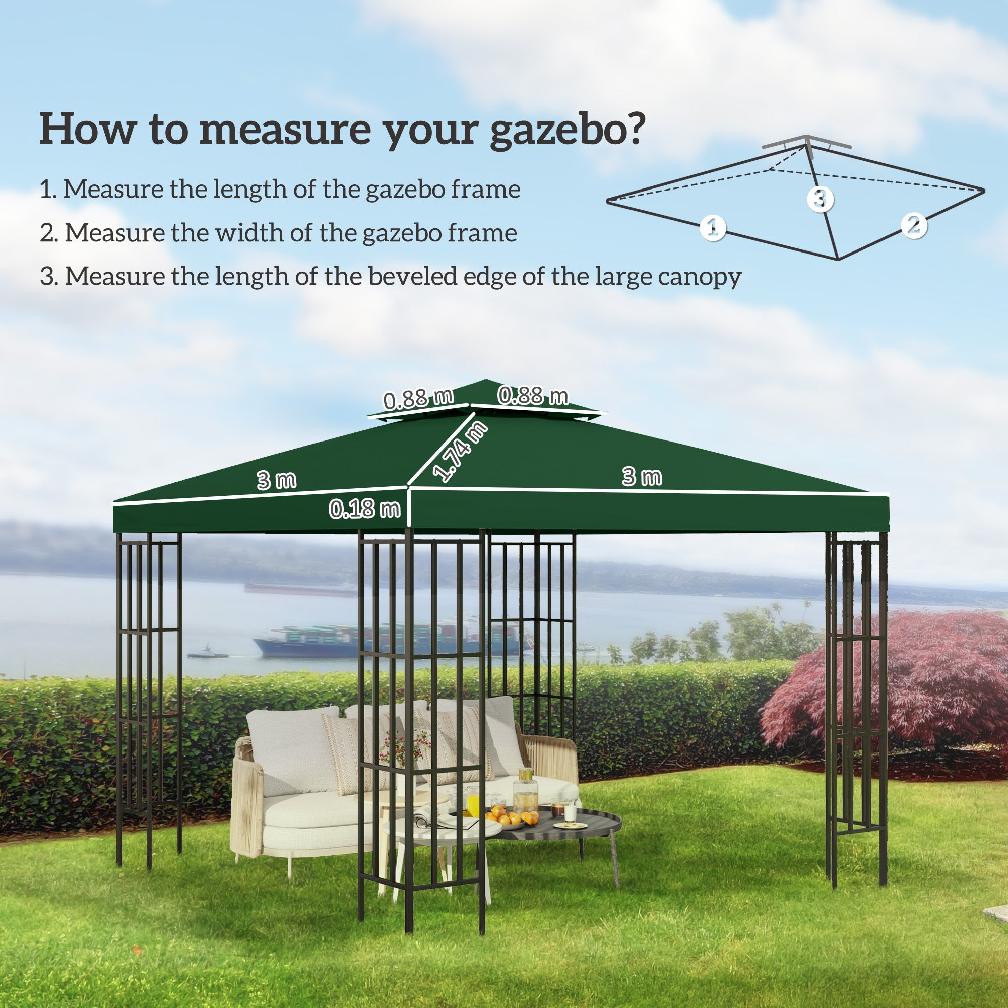 Outsunny 3(m) Gazebo Top Cover Double Tier Canopy Replacement Pavilion Roof Dark Green - North Peak Garden Furniture
