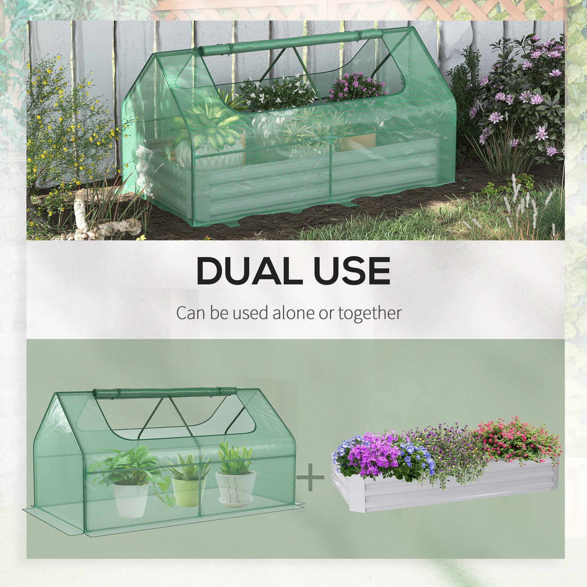 Outsunny Raised Garden Bed with Greenhouse, Steel Planter Box with Plastic Cover, Roll Up Window, Dual Use for Flowers, Vegetables, Fruits and Herbs, 185L x 95W x 92H cm, Green - North Peak Garden Furniture