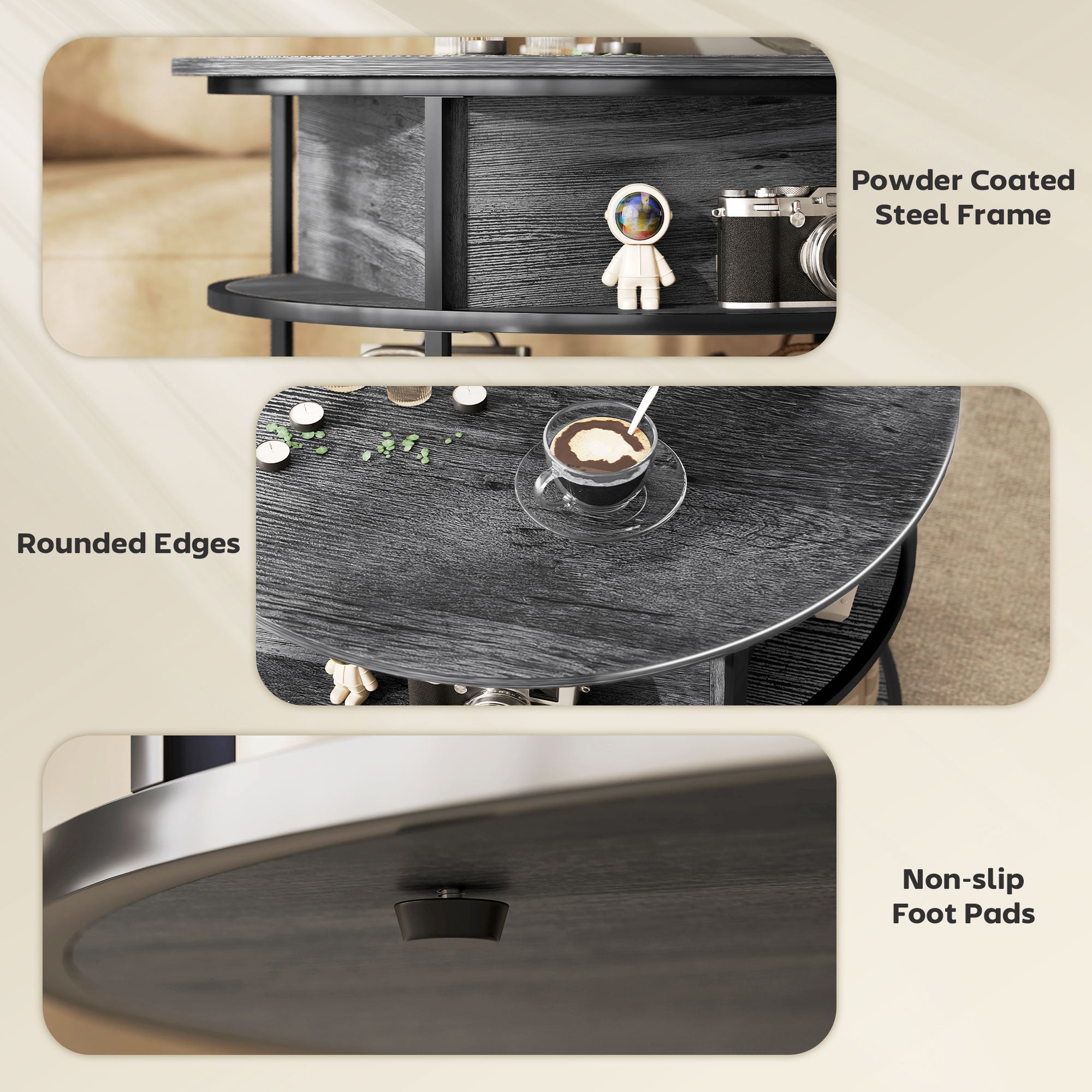 HOMCOM Lift Top Coffee Table, Round Coffee Table with Storage Shelf, Hidden Compartment and Steel Frame for Living Room, Home Office, Charcoal Grey - North Peak Garden Furniture