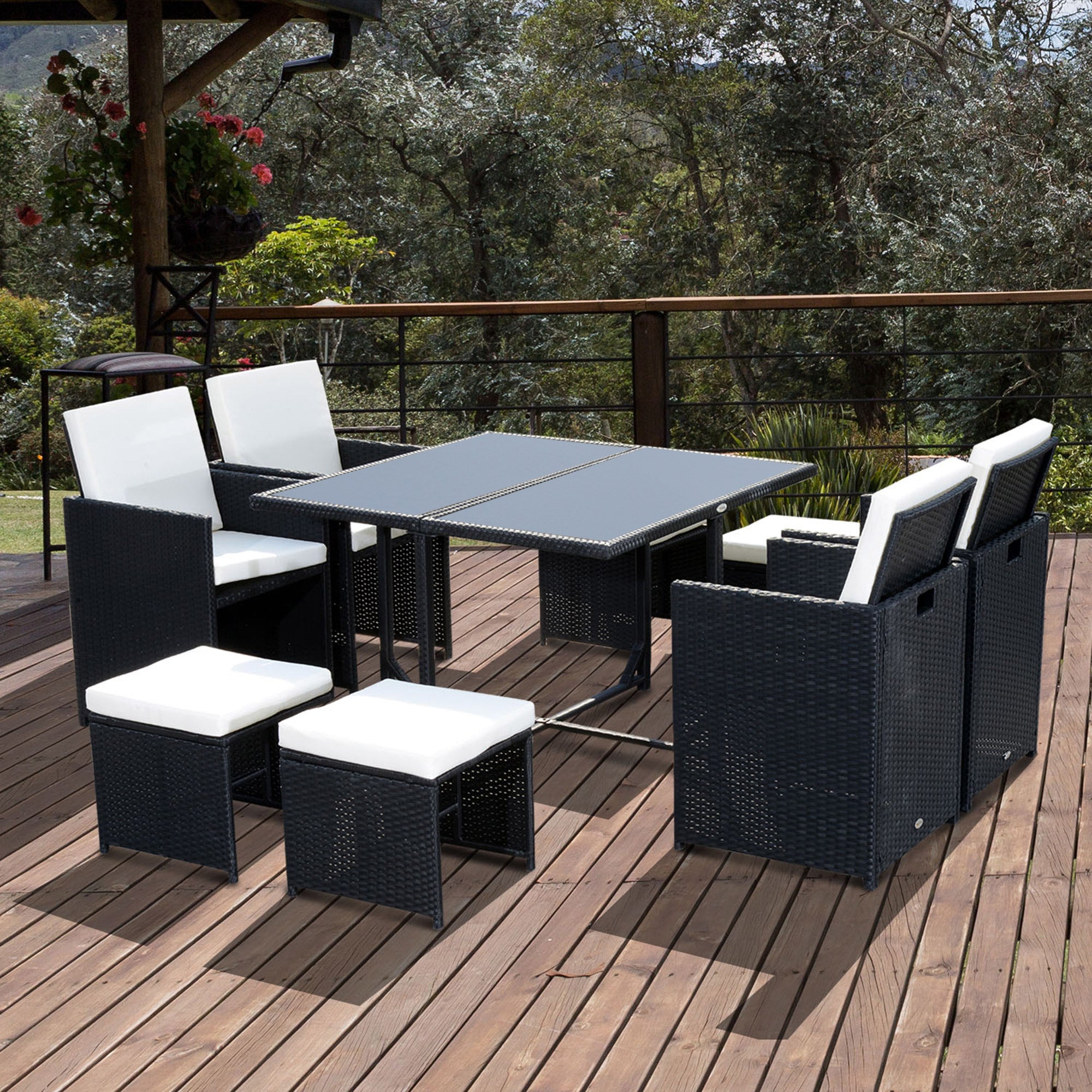 Outsunny 8 Seater Rattan Cube Garden Furniture Set, Rattan Dining Set with Cushions, Outdoor Dining Table and Chairs with 4 Armchairs, 4 Stools, Square Glass Top Table, Black - North Peak Garden Furniture