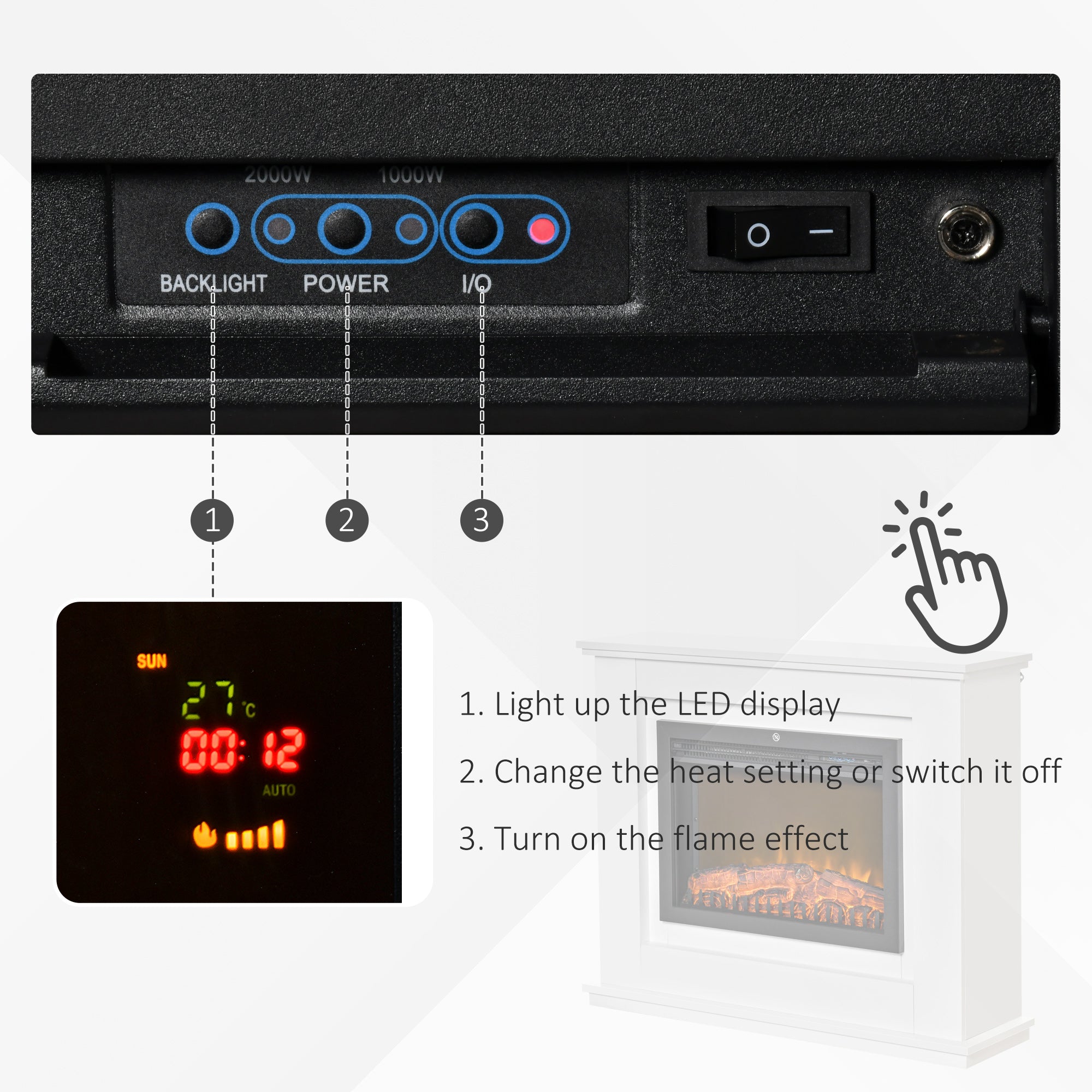 HOMCOM Electric Fireplace Suite with Remote Control, 1kW/2kW Freestanding Fireplace Heater with LED Flame Effect, Overheat Protection, 7-day Programmable Timer