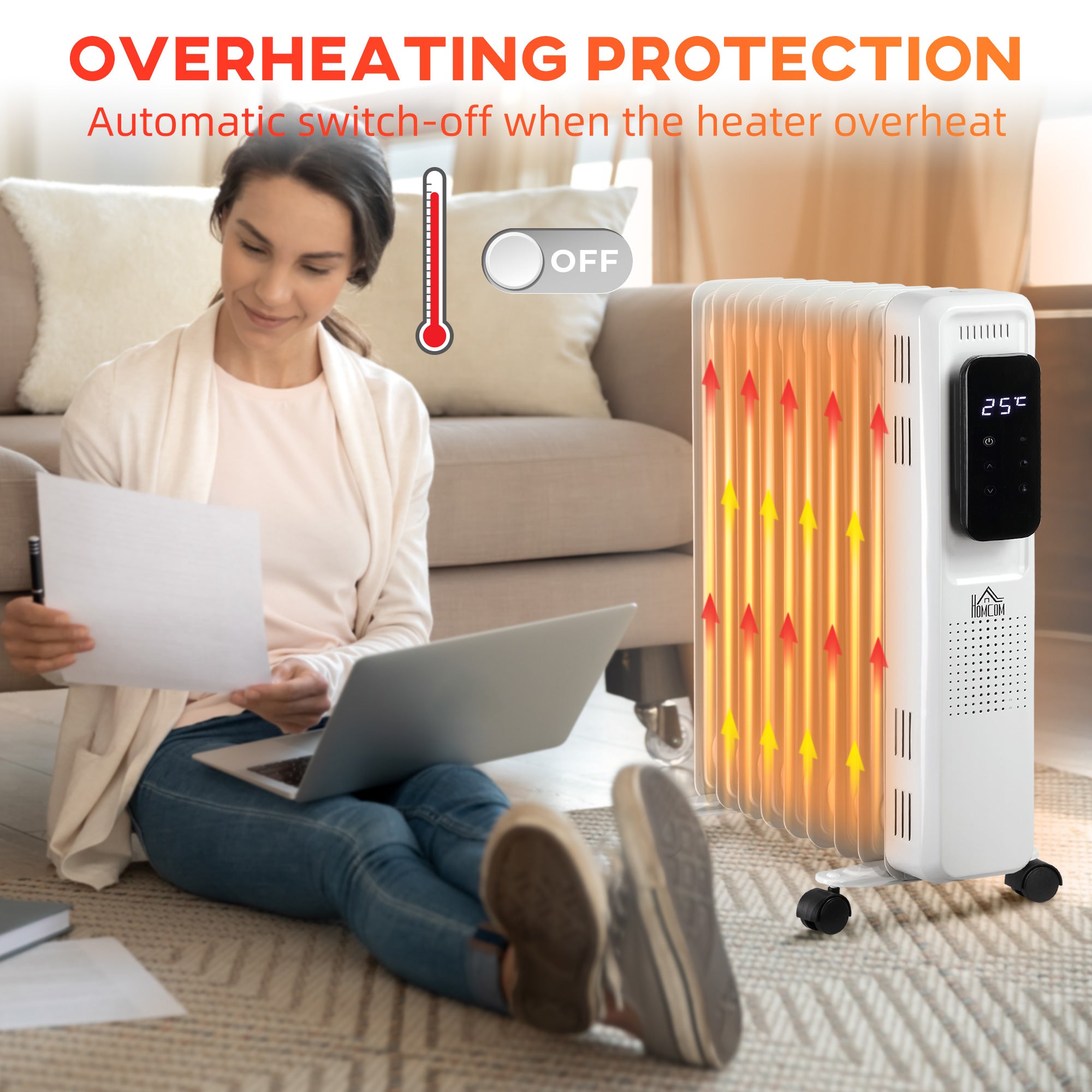 HOMCOM 2000W Oil Filled Radiator, 9 Fin Portable Electric Heater with LED Display, 24H Timer, 3 Heat Settings, Adjustable Thermostat, Safety Cut off, Remote Control, White - North Peak Garden Furniture