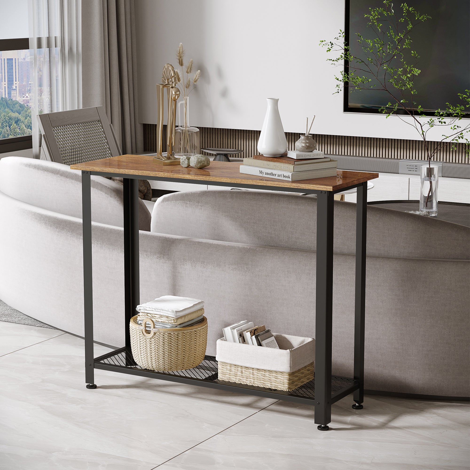HOMCOM Industrial Console Table，Entryway Table w/Bottom Mesh Shelf Metal Frame Vintage Sofa Table for Hallway, Living Room, Rustic Brown - North Peak Garden Furniture