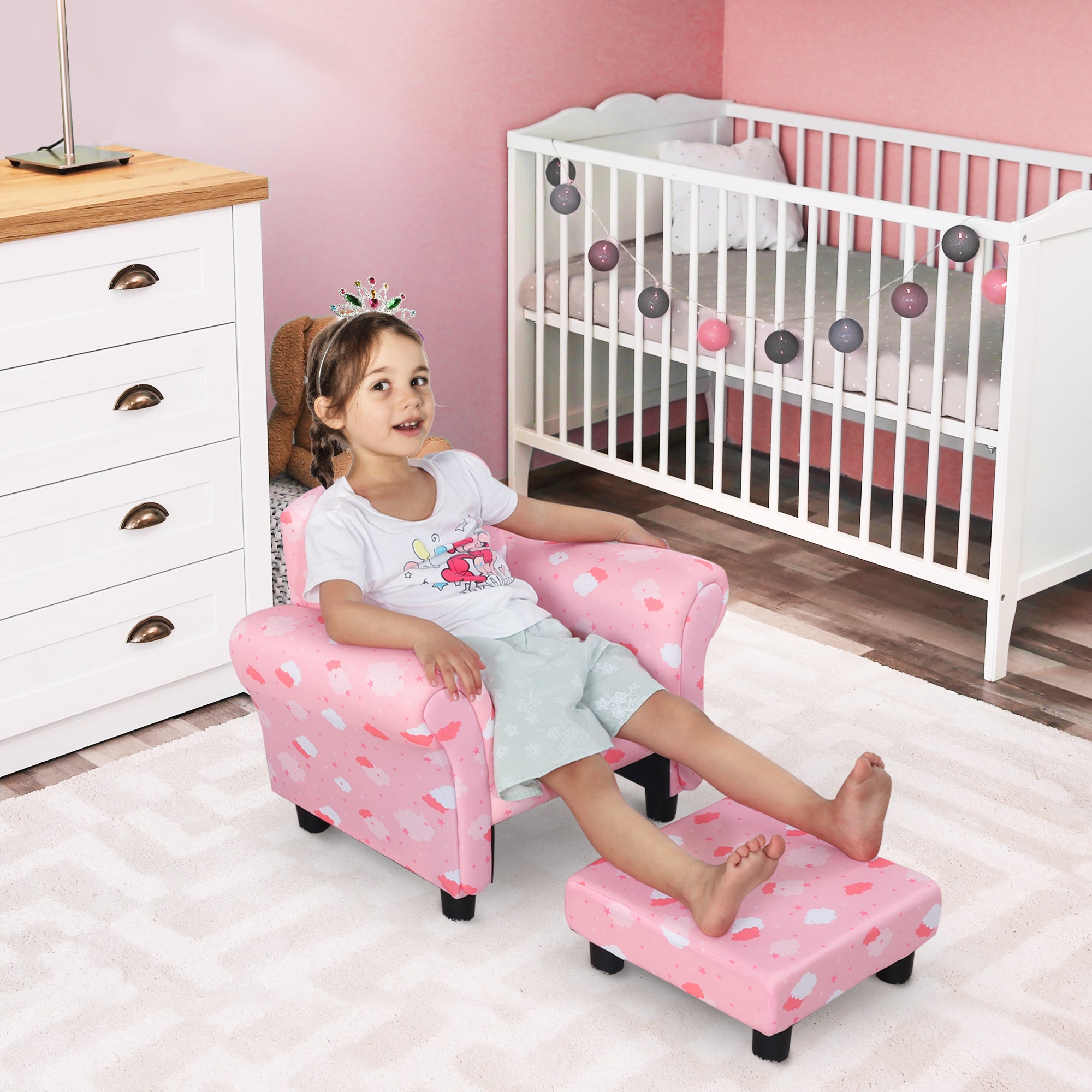 HOMCOM Toddler Chair Children's Armchairs Wood Frame w/ Footrest Anti-Slip Legs High Back Arms for Bedroom Playroom Cute Cloud Star Pink - North Peak Garden Furniture