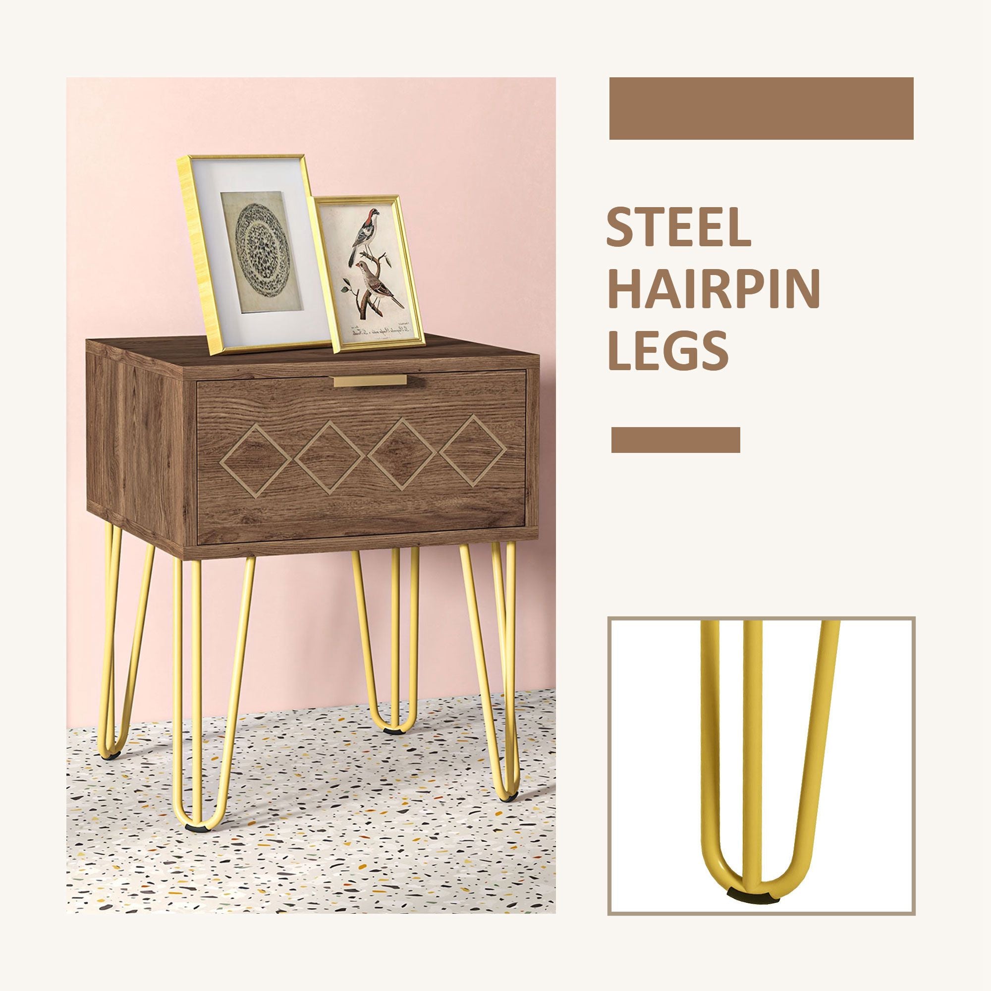 HOMCOM Bedside Table Set of 2 with Drawer, Wooden Nightstand, Modern Sofa Side Table with Gold Tone Metal Legs for Bedroom - North Peak Garden Furniture
