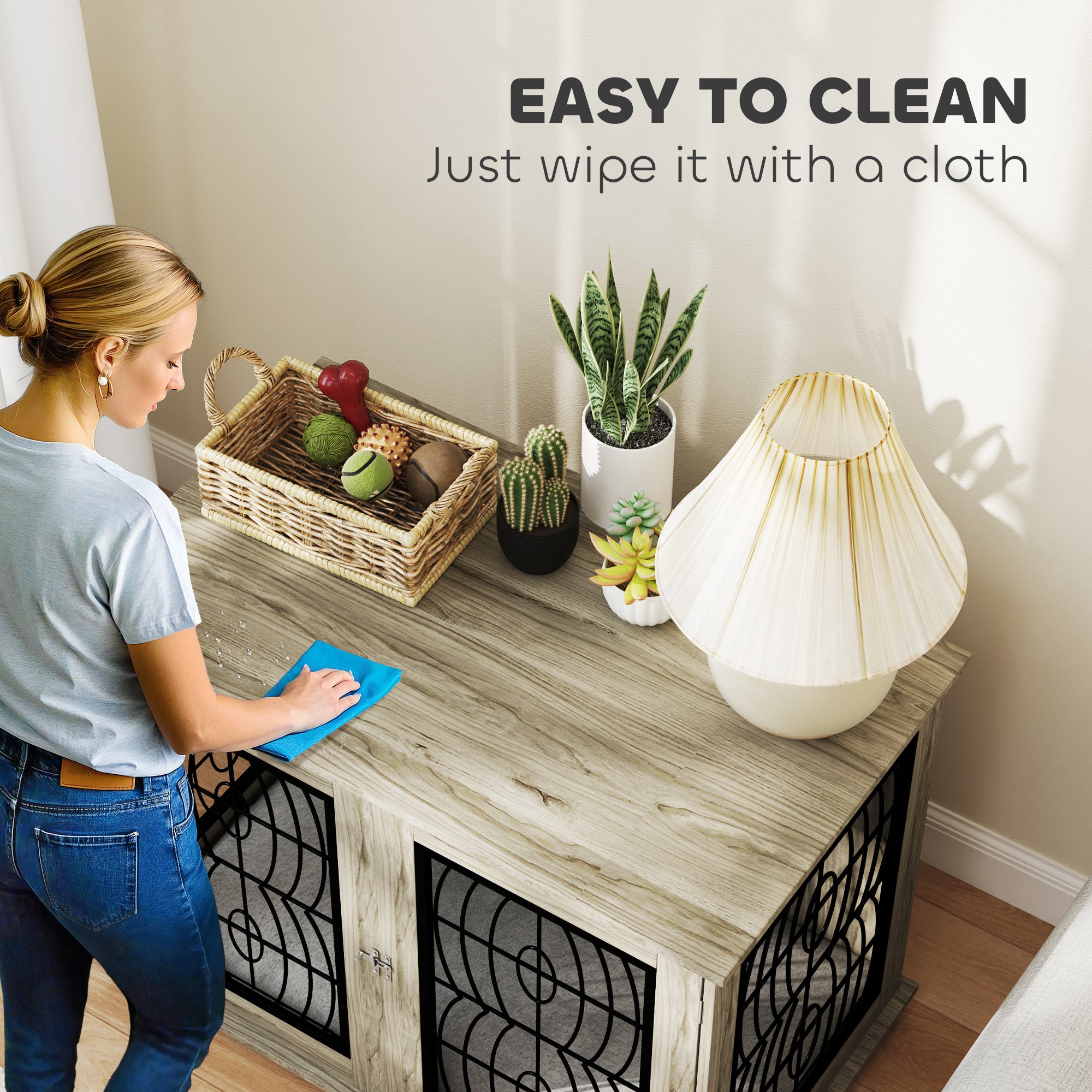 PawHut Indoor Dog Crate Furniture End Table with Soft Washable Cushion, Lockable Front Door, for Large Dogs - Grey - North Peak Garden Furniture