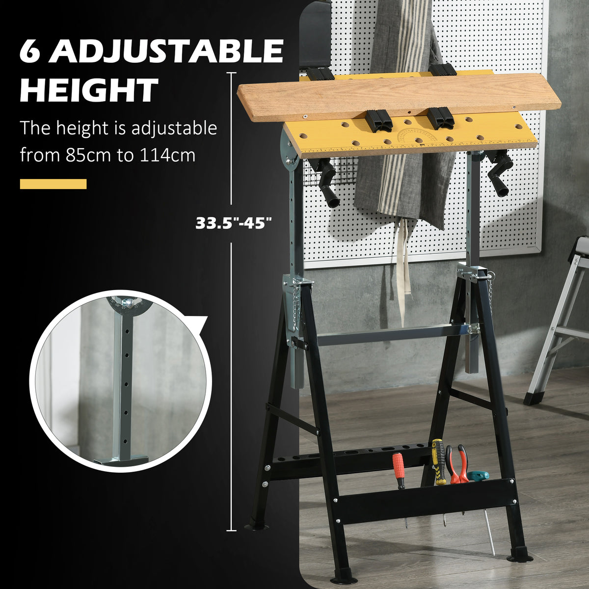 HOMCOM Portable Folding Workbench with Adjustable Height & Angle, Work Bench with 4 Adjustable Clamping Pegs, Beige