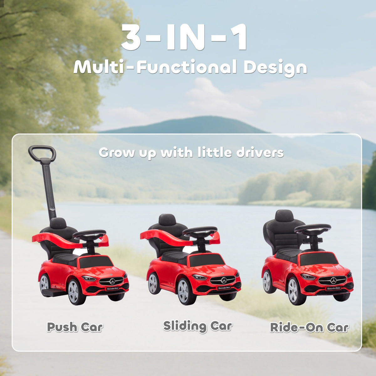 AIYAPLAY 2 in 1 Baby Ride on Push Car Mercedes-Benz C-Class Licensed Walker Foot to Floor Push-Along with Removable Handle, Red