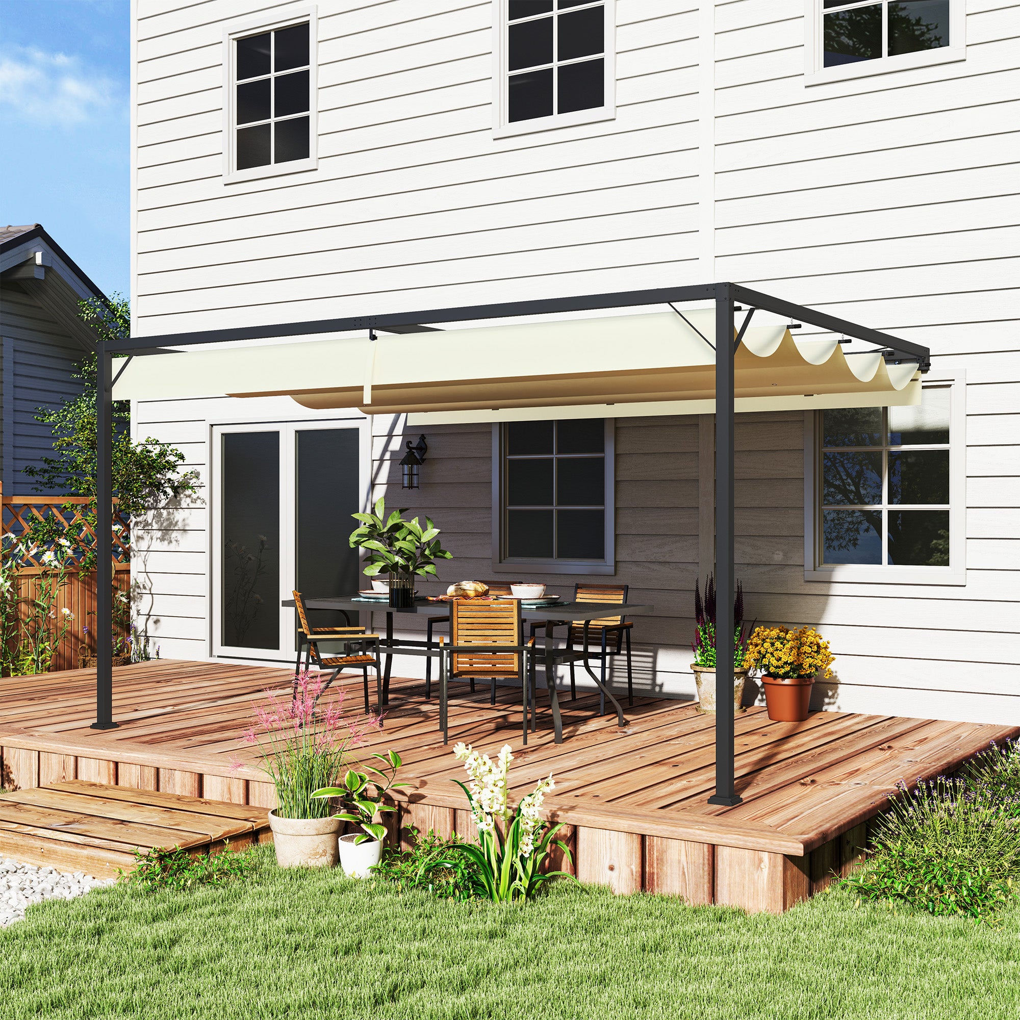 Outsunny 4 x 3(m) Outdoor Pergola Retractable Canopy Wall Mounted Gazebo Patio Shelter Sun Shade, Cream White - North Peak Garden Furniture
