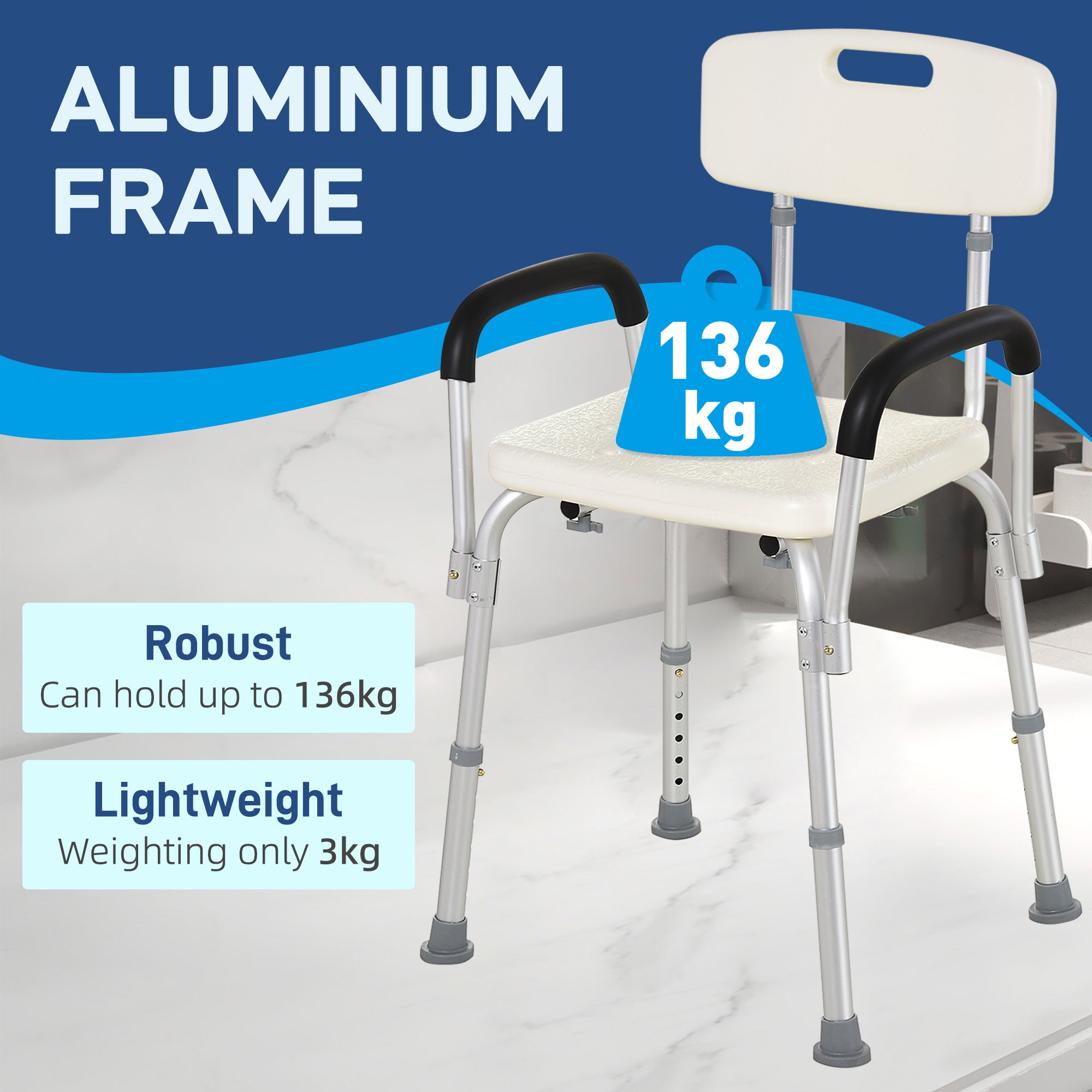 HOMCOM Adjustable Shower Chair, Shower Seat, Portable Medical Stool with Adjustable Back and Armrest for Mobility - North Peak Garden Furniture