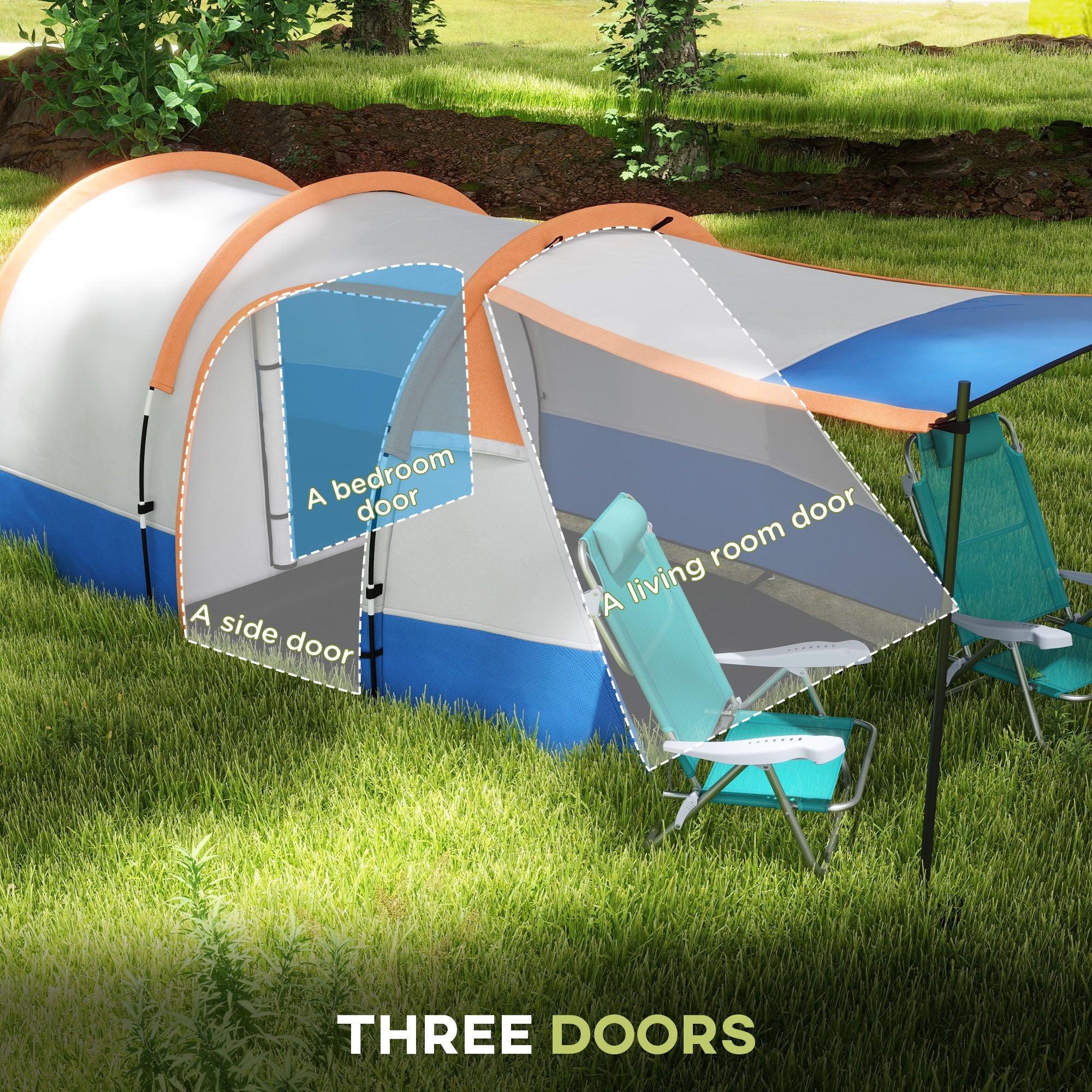 Outsunny Camping Tent, Large Tunnel Tent with Bedroom and Living Area, 2000mm Waterproof, Portable with Bag for 2-3 Man, Orange - North Peak Garden Furniture