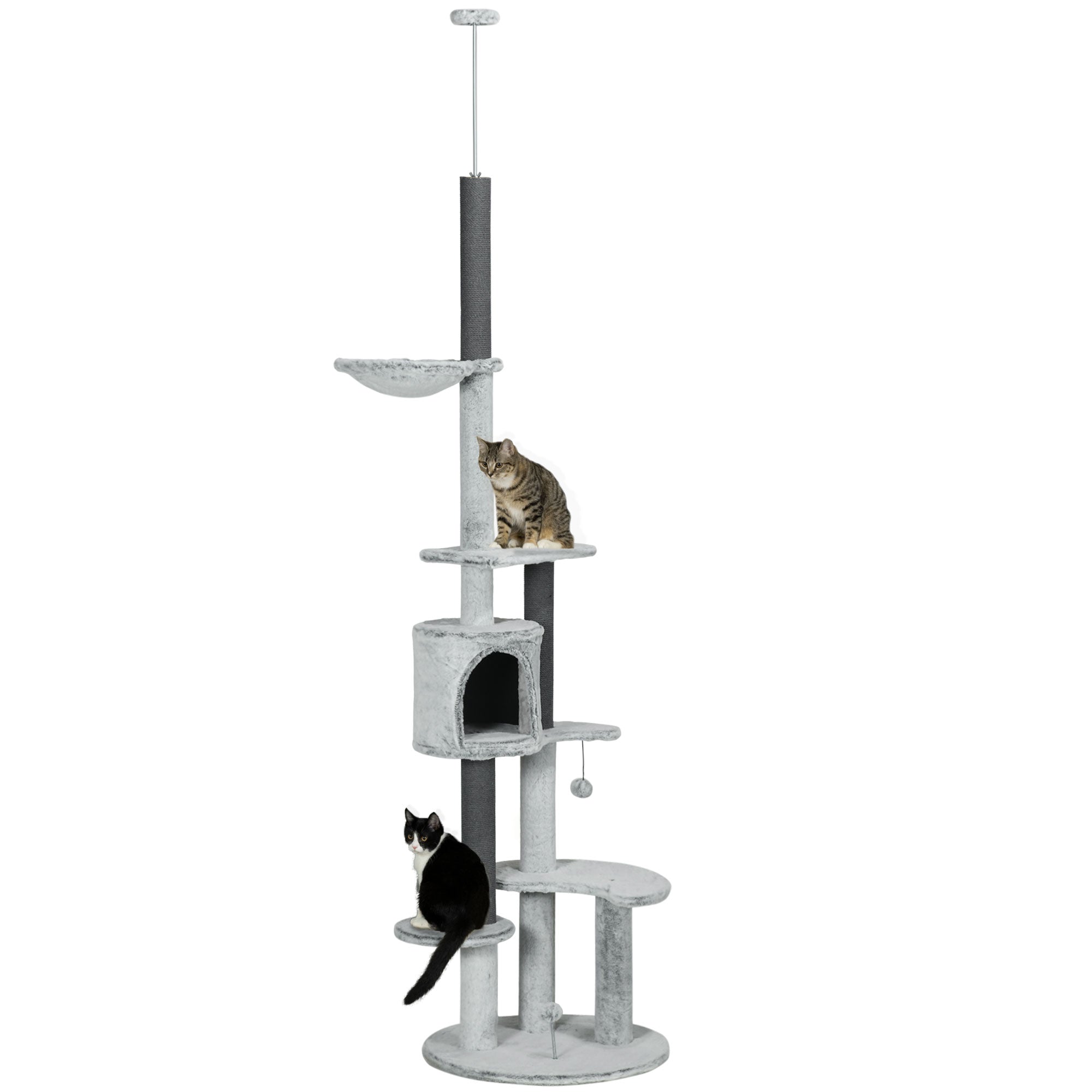 PawHut 255cm Floor to Ceiling Cat Tree with Scratching Posts, Height Adjustable Cat Tower with Hammock, House, Anti-tipping Kit, Perches, Toys, Grey - North Peak Garden Furniture