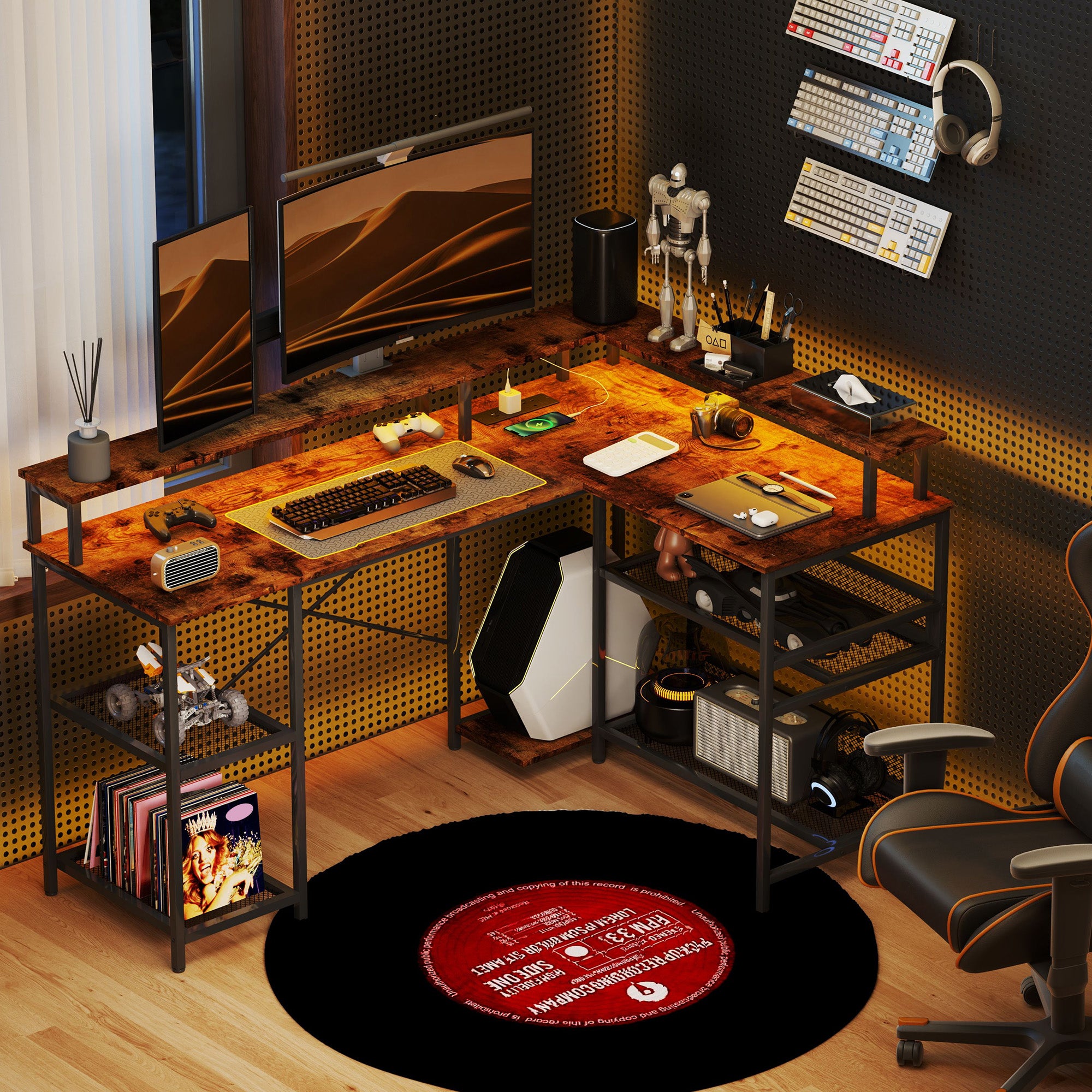 HOMCOM L Shaped Gaming Desk with LED Lights and Power Outlets, 150cm Corner Computer Desk with Monitor Stand and Storage Shelves, Home Office Desk for Small Space, Rustic Brown - North Peak Garden Furniture