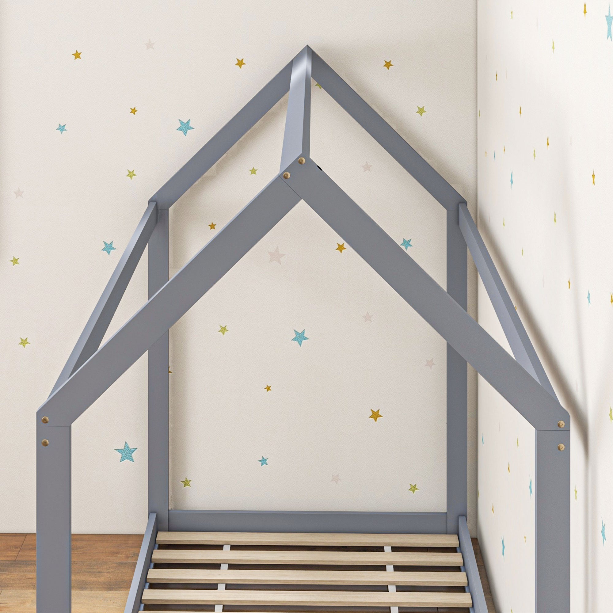 HOMCOM Single Bed Frame, House Scandinavian Style Wooden Bed Frame for 90W x 190Dcm Mattress, Pine Wood Bed Base, Grey - North Peak Garden Furniture