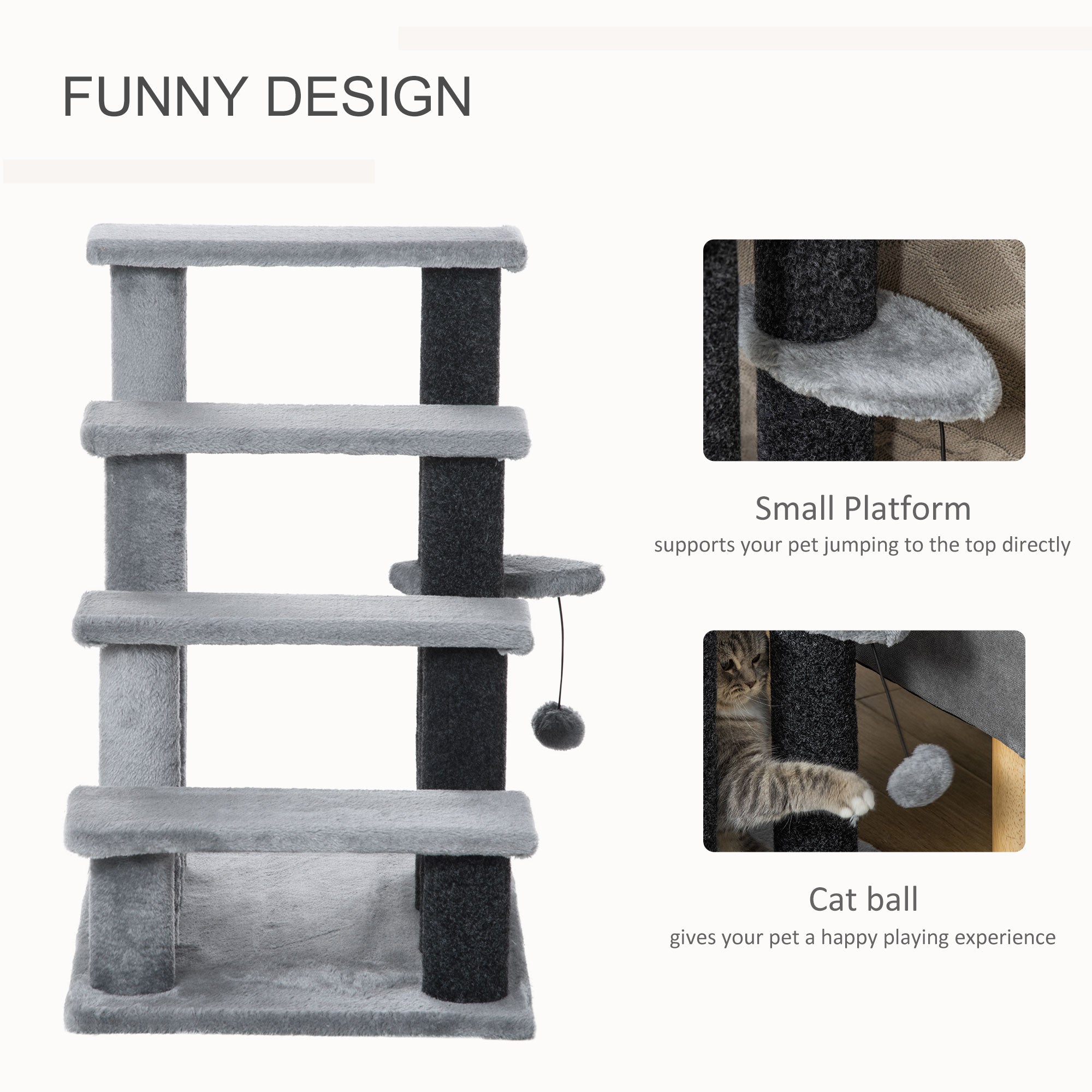 PawHut 4-step Pet Stairs with Scratching Posts, Platforms, Toy Ball, Grey