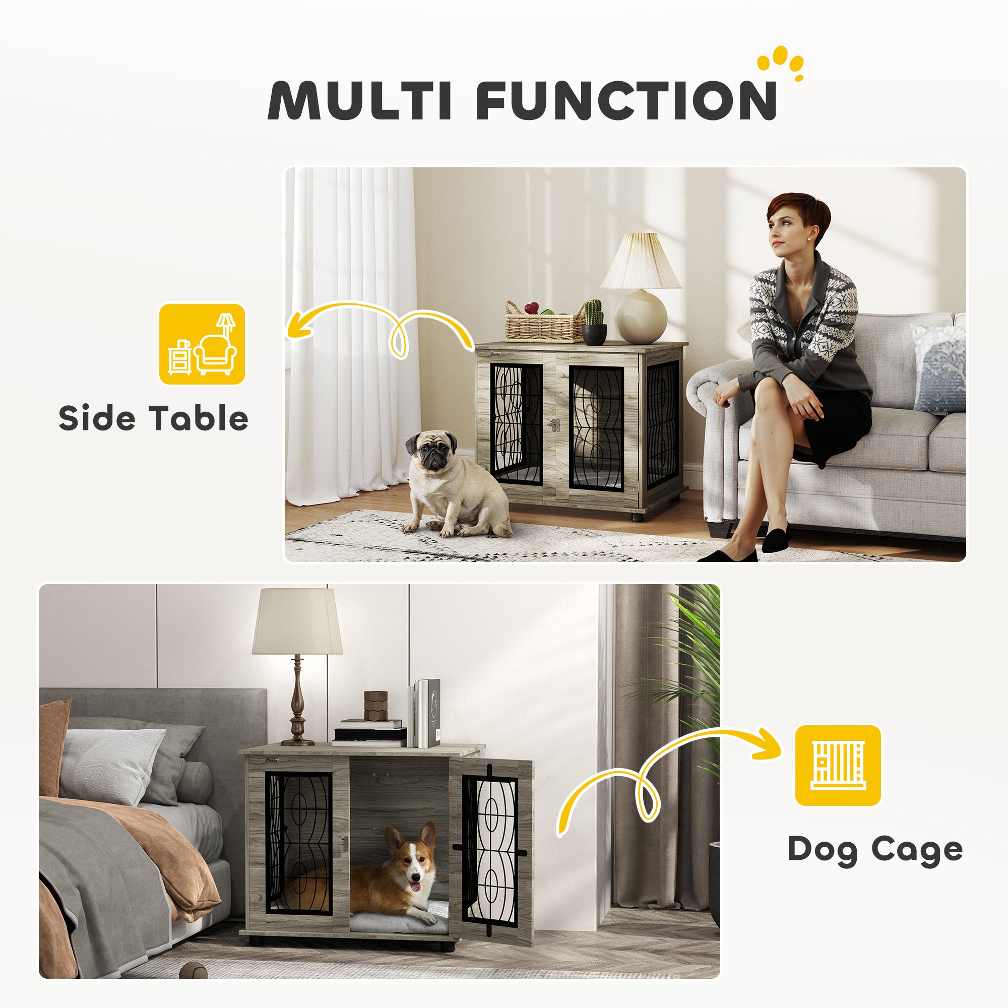 PawHut Indoor Dog Crate Furniture End Table with Soft Washable Cushion, Lockable Front Door, for Medium Dogs - Black - North Peak Garden Furniture