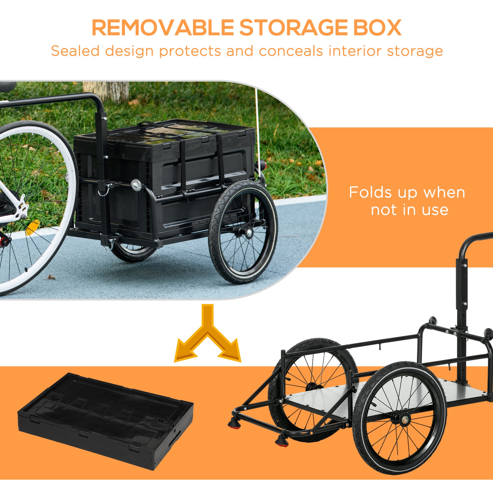 HOMCOM Steel Trailer for Bike, Bicycle Cargo Trailer with 65L Foldable Storage Box and Safe Reflectors, Max Load 40KG, Black