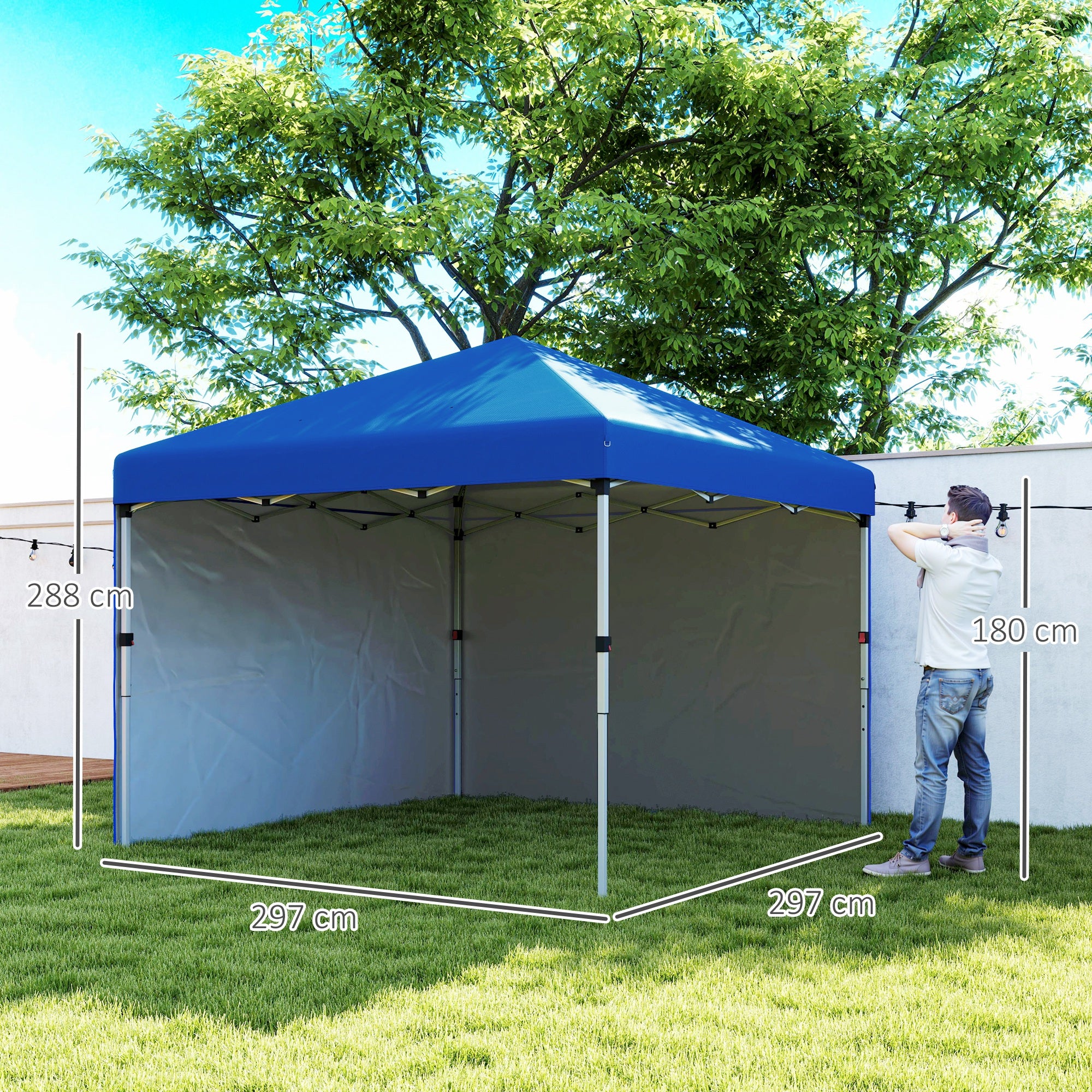 Outsunny 3 x 3 (M) Pop Up Gazebo, UPF 30+ with 2 Sidewalls, Leg Weight Bags and Wheeled Bag, Height Adjustable Party Tent Event Shelter for Garden, Patio, Blue - North Peak Garden Furniture