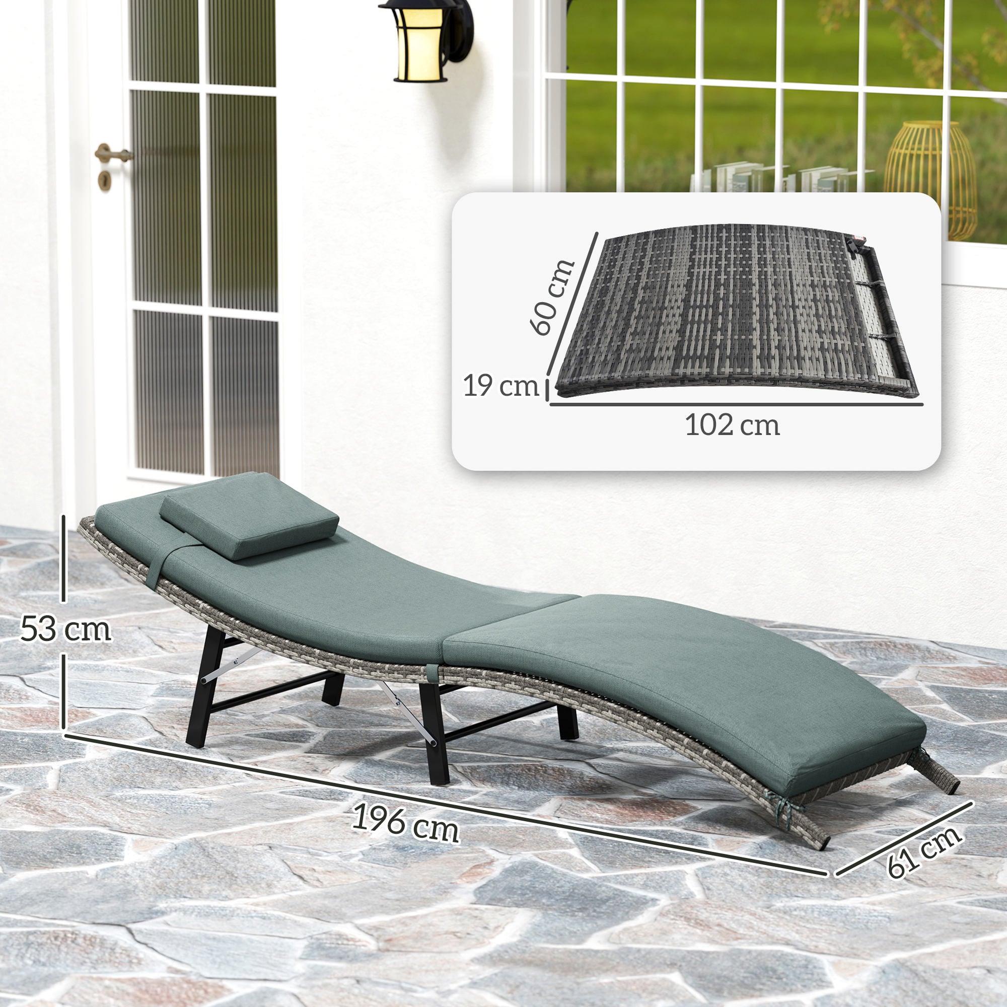 Outsunny Rattan Folding Sun Lounger Outdoor Chair with Cushion and Pillow Mixed Grey - North Peak Garden Furniture