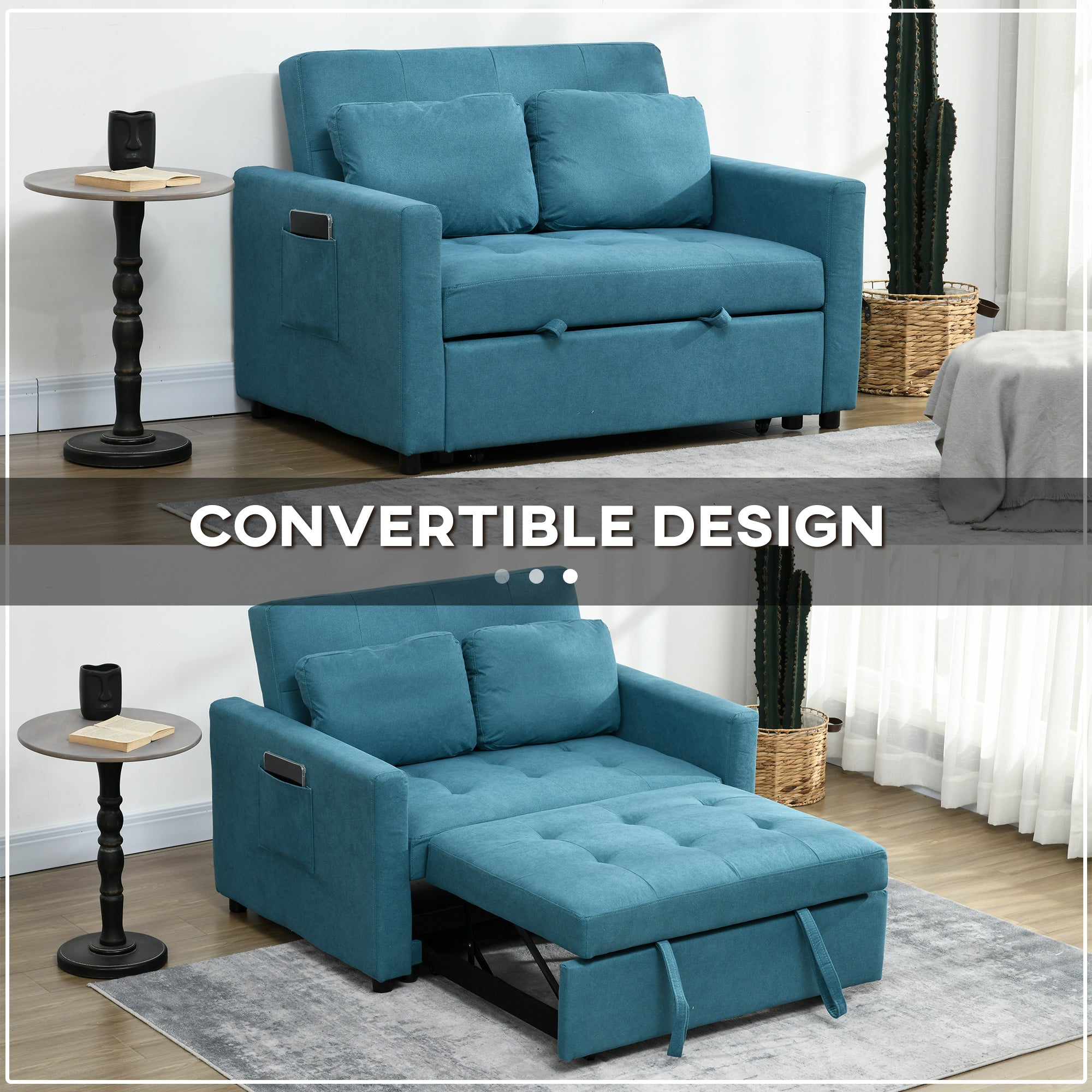 HOMCOM Loveseat Sofa Bed, Convertible Bed Settee with 2 Cushions, Side Pockets for Living Room, Blue - North Peak Garden Furniture