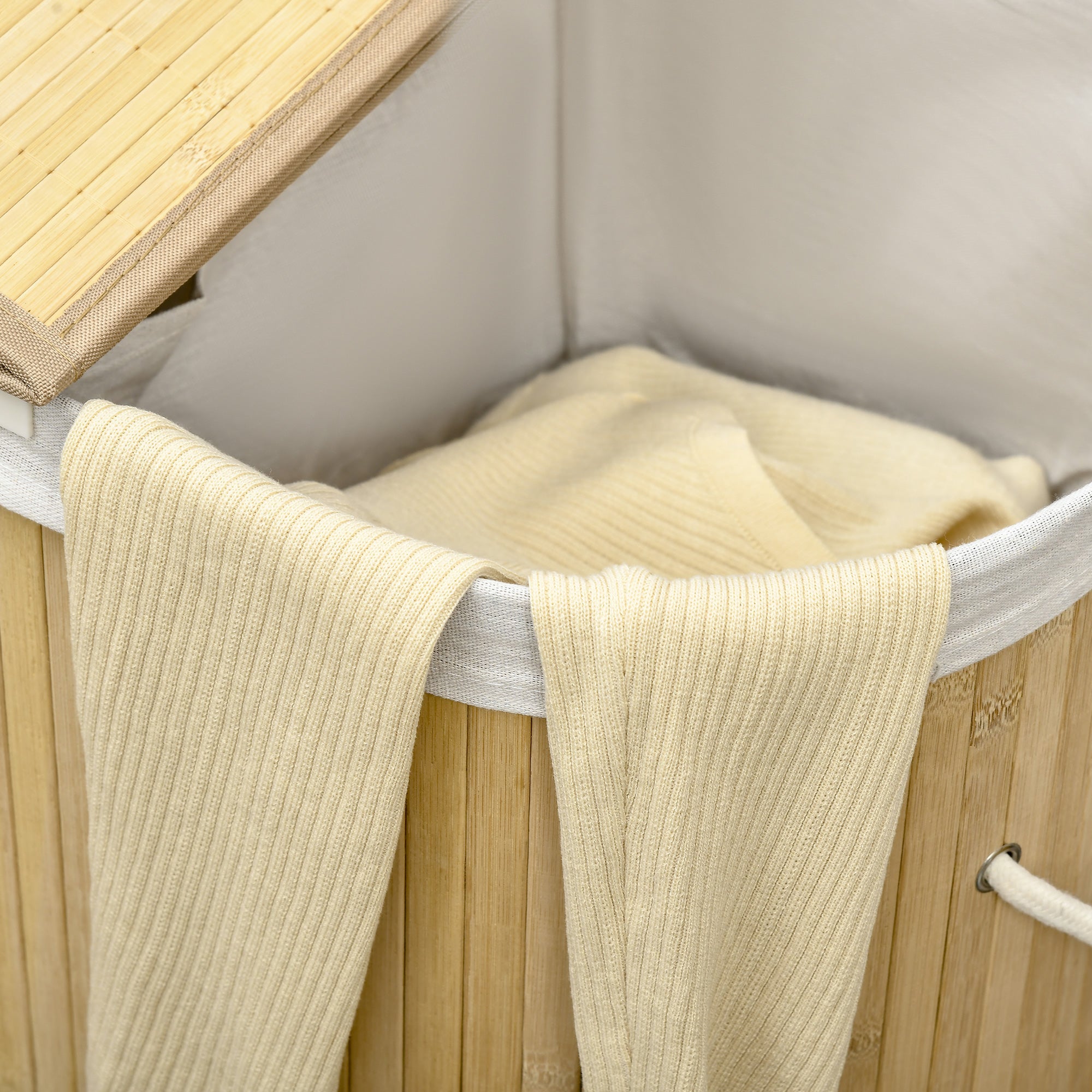 HOMCOM Bamboo Laundry Basket with Lid, 100 Litres Laundry Hamper with 2 Sections, Removable Washable Lining, Washing Baskets, 62.5 x 37 x 60.5cm, Natural - North Peak Garden Furniture