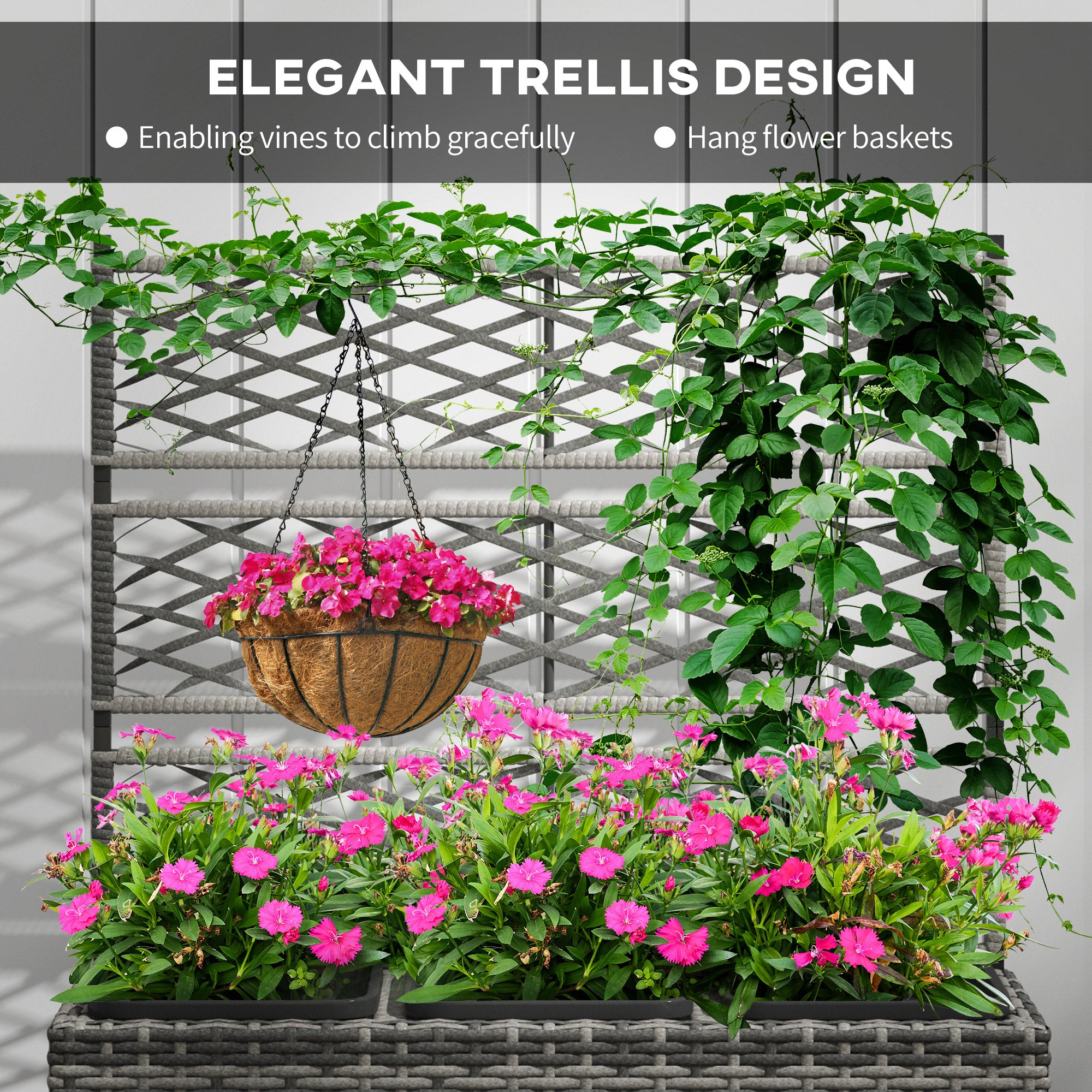 Outsunny 33L Garden PE Rattan Planter with Trellis, Free Standing Flower Raised Bed for Garden, Garden Planter for Climbing Plants, 84cm x 30cm x 107cm, Light Grey - North Peak Garden Furniture