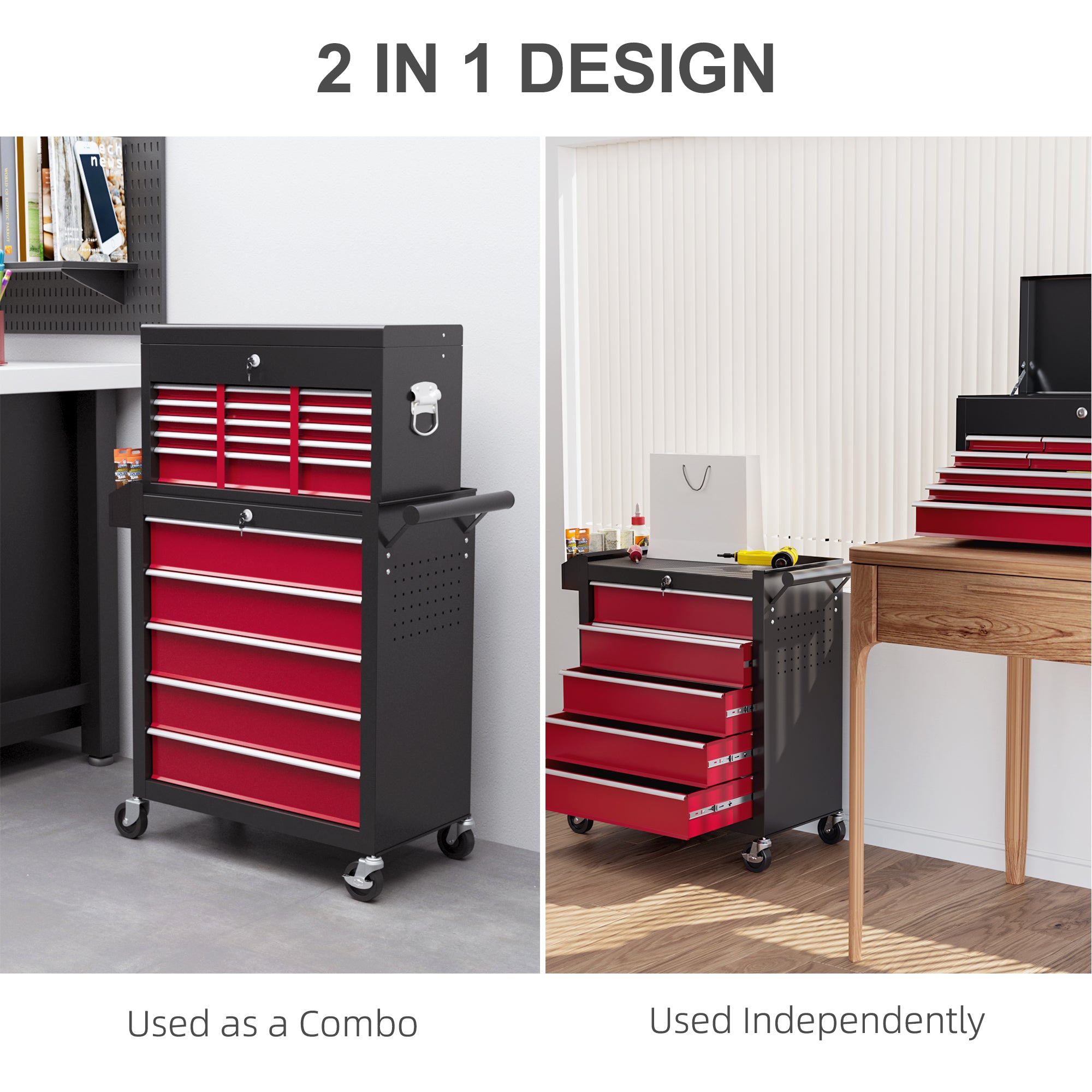 HOMCOM 19 Drawer, Two-Part Tool Storage Chest on Wheels - Red - North Peak Garden Furniture