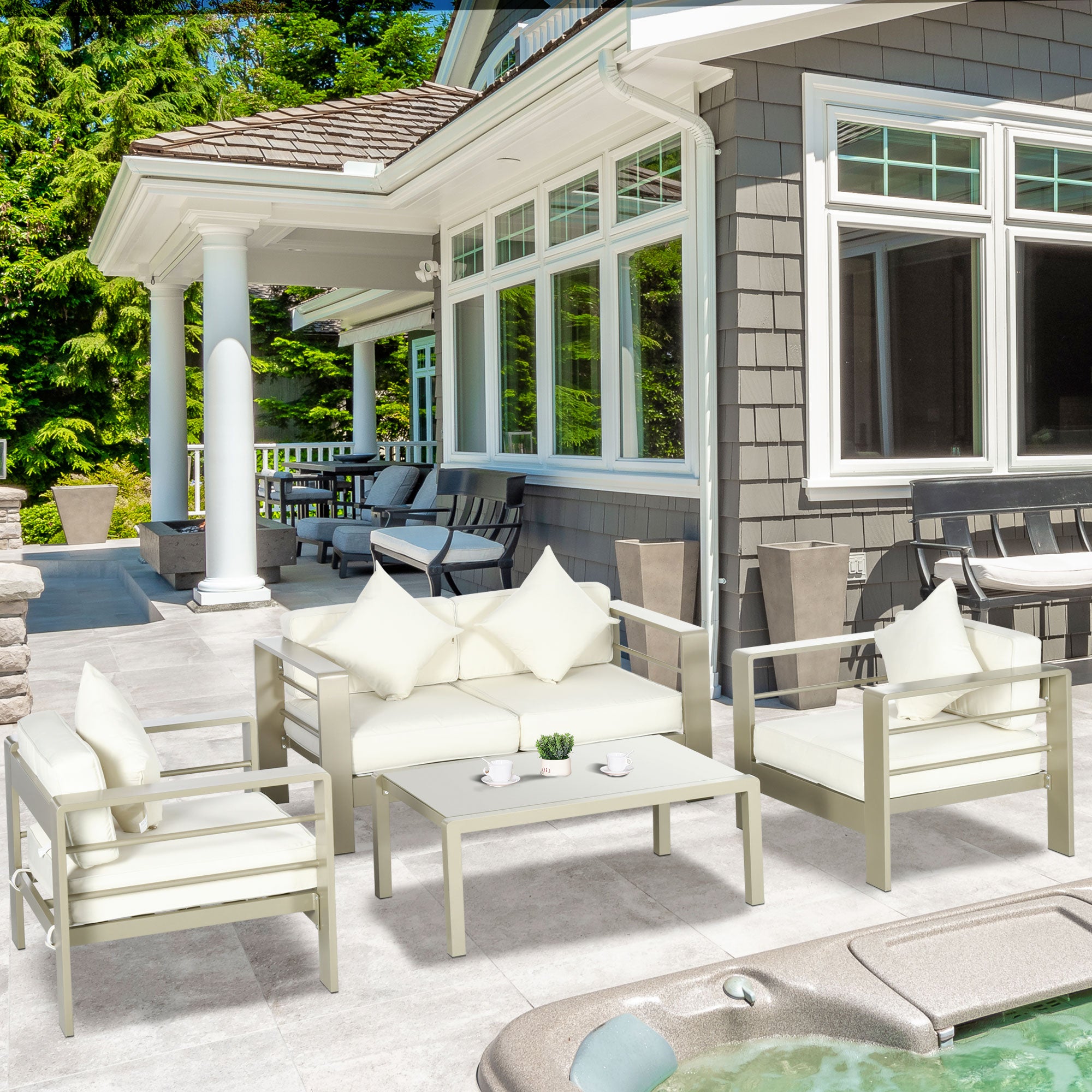 Outsunny 4 Pieces Outdoor Garden Furniture Set, Aluminium Frame Backyard Furniture w/ Thick Padded Cushioned Loveseat, 2 Chairs, and Glass Top Table, Champagne Gold