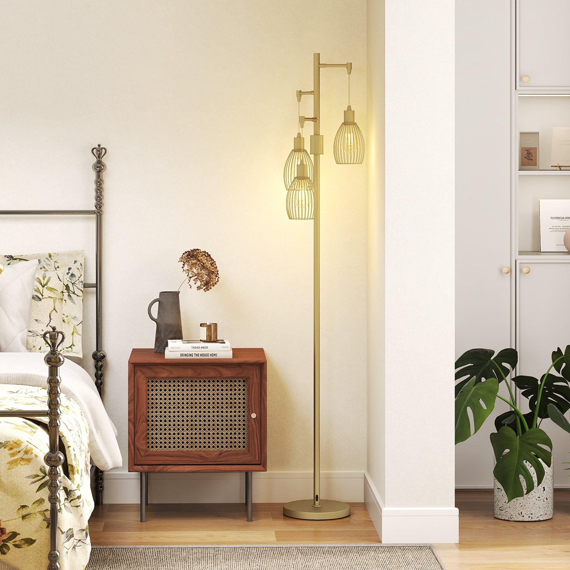 HOMCOM 170cm Industrial 3-Light Floor Lamp, Dimmable Standing Lamp with Steel Lampshades for Living Room, Bedroom, Dinging Room, Study, Gold Tone