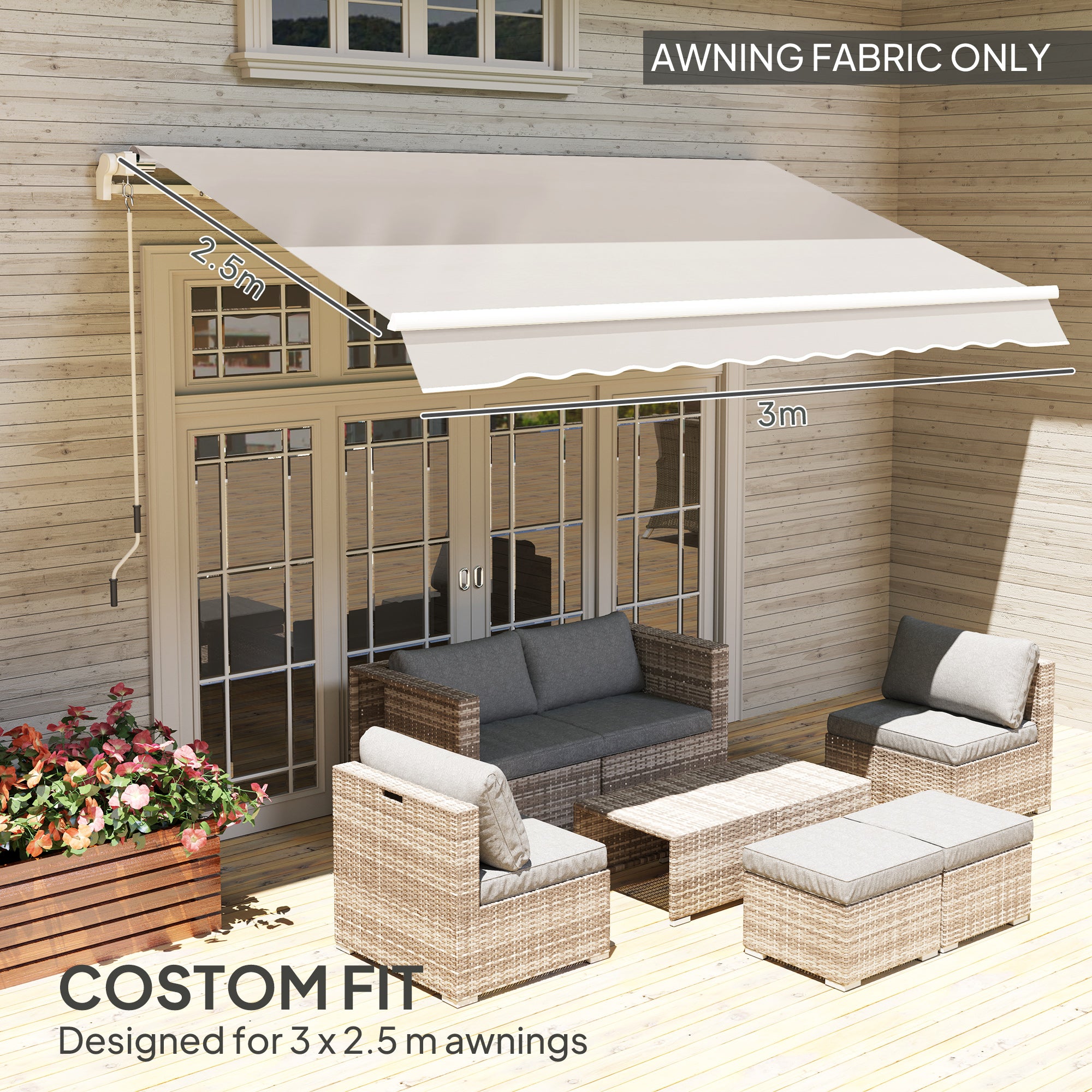 Outsunny Awning Replacement Canopy, Water Resistant UPF 50+ Sun Shade Cover for 3 x 2.5 m Garden Awning (Fabric Only), Cream White - North Peak Garden Furniture