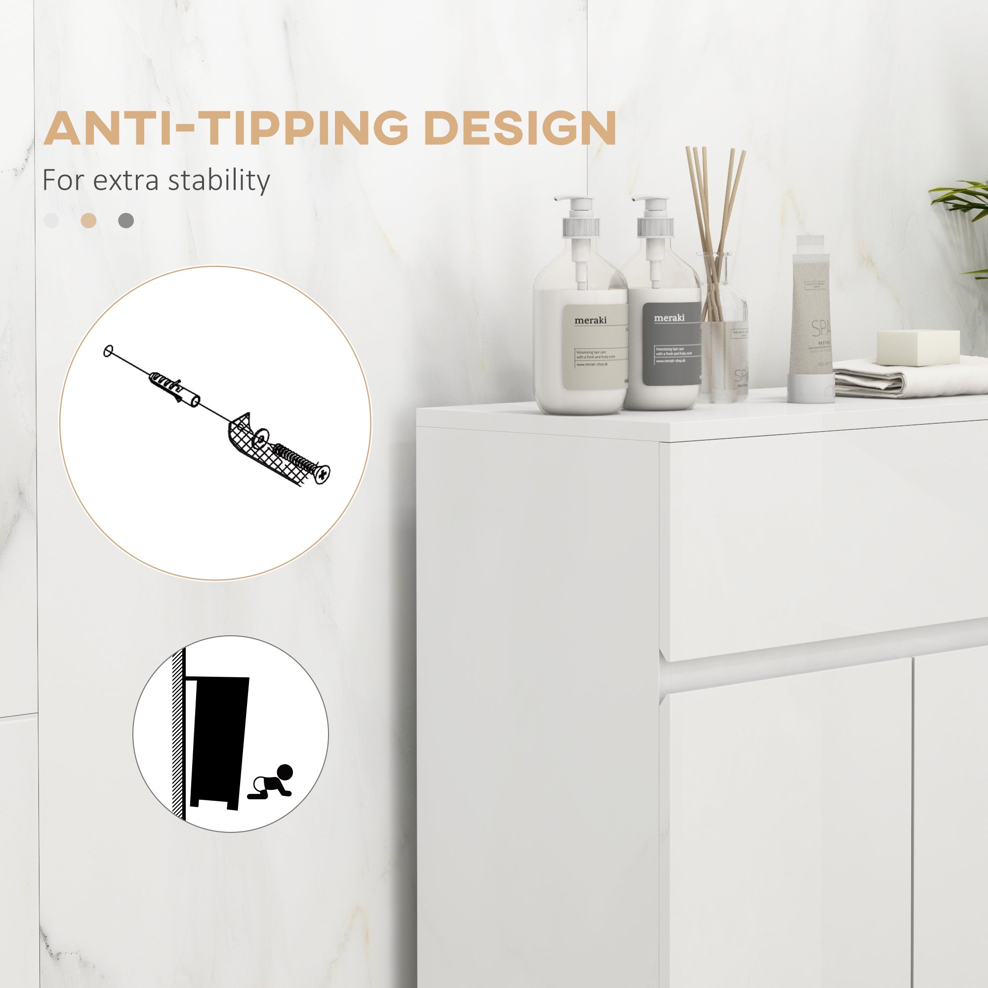 kleankin Freestanding Bathroom Cabinet, High Gloss Storage Cabinet with Doors and Adjustable Shelf, 60 x 30 x 80 cm, White - North Peak Garden Furniture
