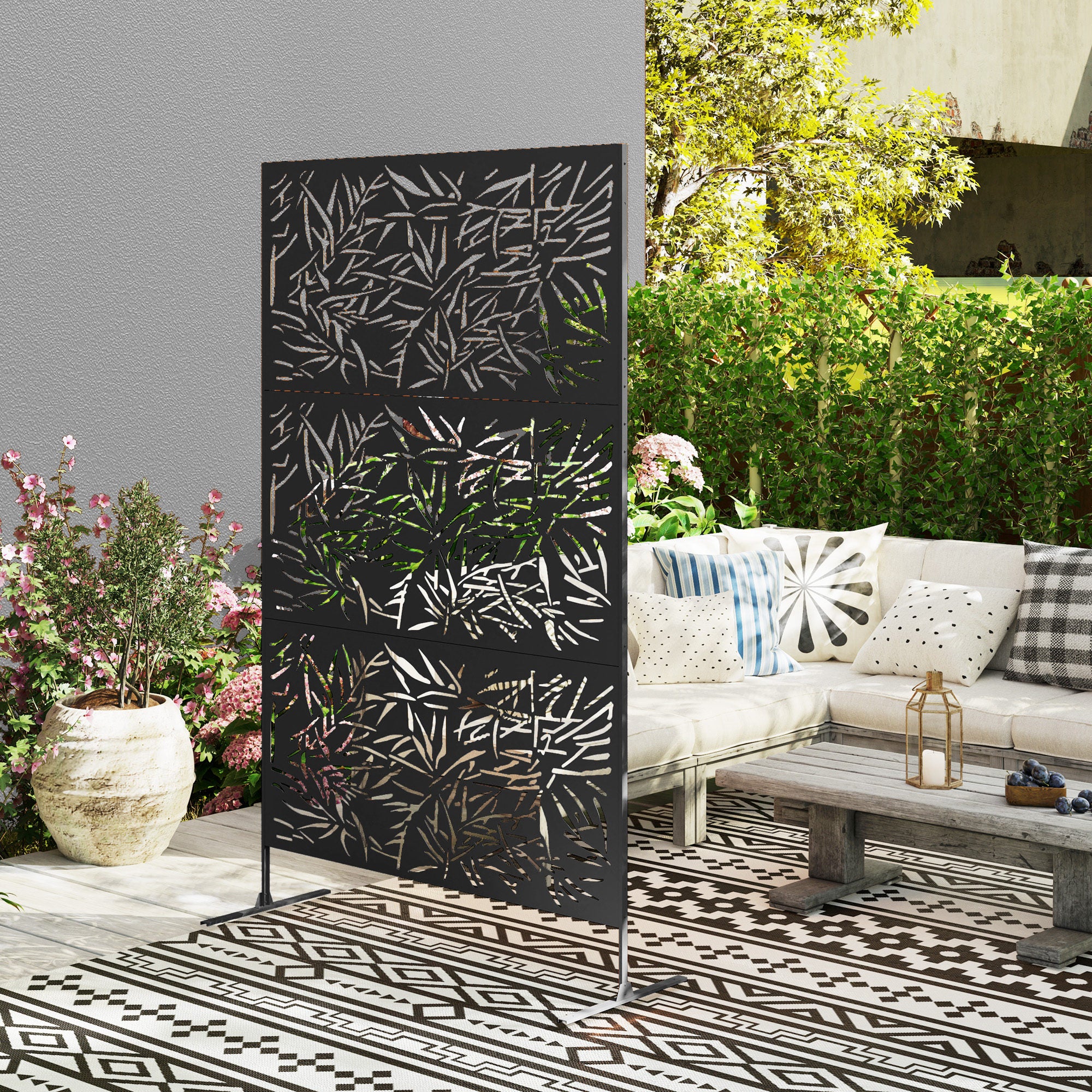 Outsunny Decorative Garden Privacy Screen with Stand, 6.5FT Freestanding Metal Outdoor Divider, Decorative Privacy Panel with Expansion Screws for Garden Pool Hot Tub, Bamboo Style, Black - North Peak Garden Furniture