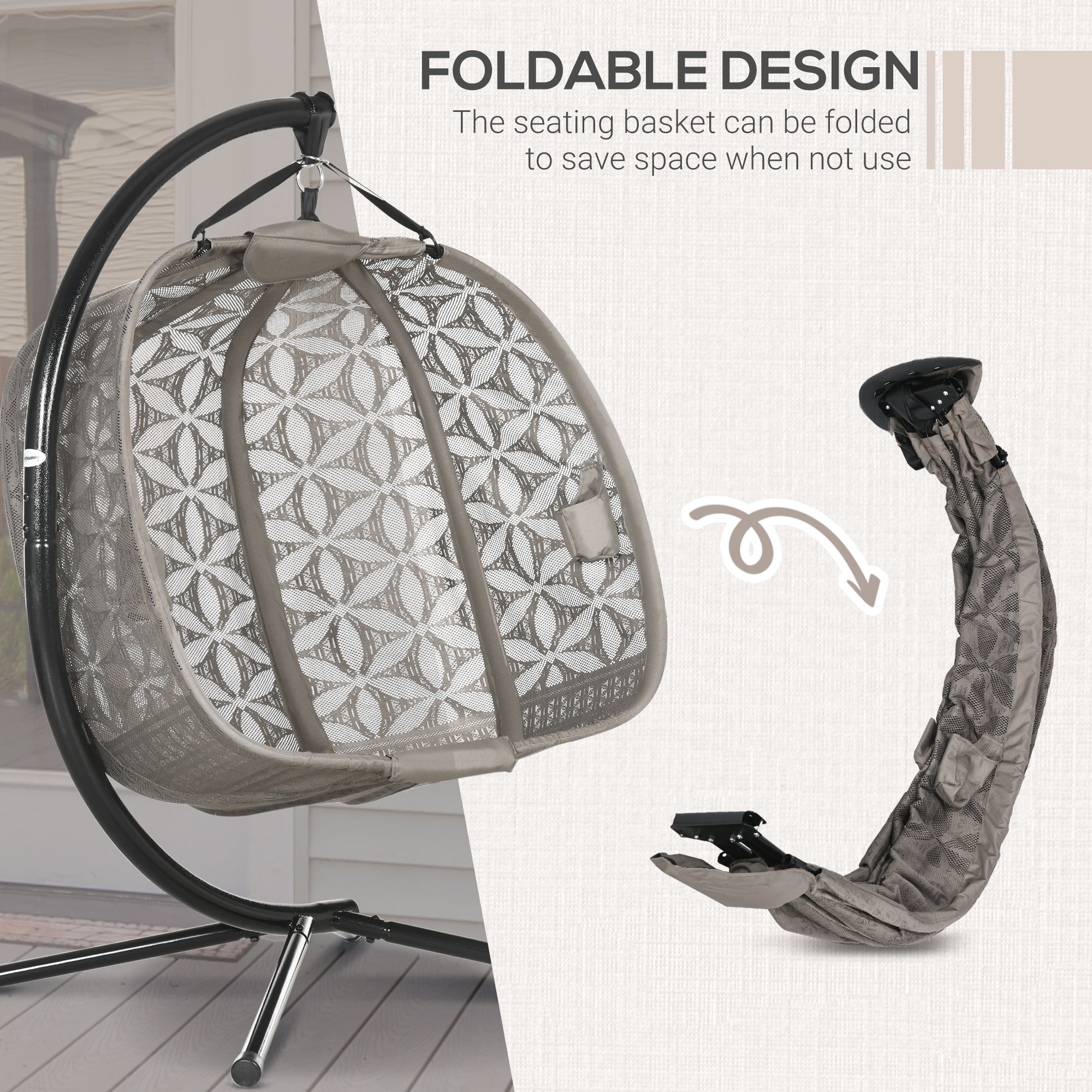 Outsunny Outdoor Double Hanging Chair, Swing Chair with Metal Stand, Thick Padded Cushion, Foldable Basket and Cup Holders, for Indoor and Outdoor, Sand Brown - North Peak Garden Furniture