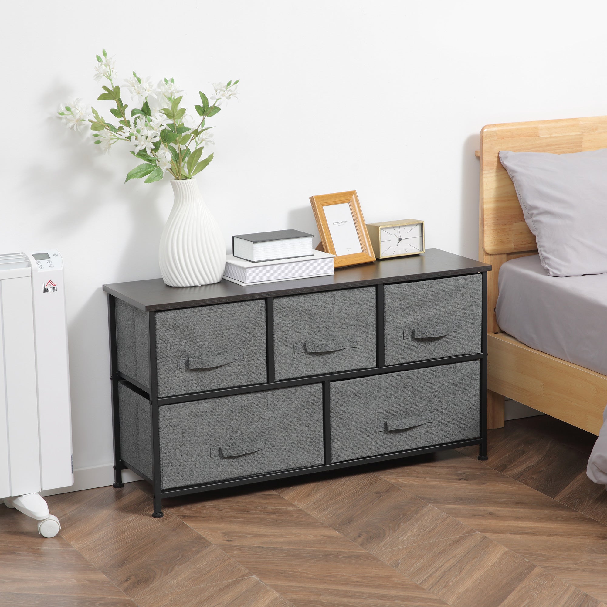 HOMCOM Chest of Drawers, 5 Drawer Fabric Dresser with Steel Frame, Adjustable Feet, Storage Organizer Unit for Bedroom, Living Room, Dark Grey - North Peak Garden Furniture