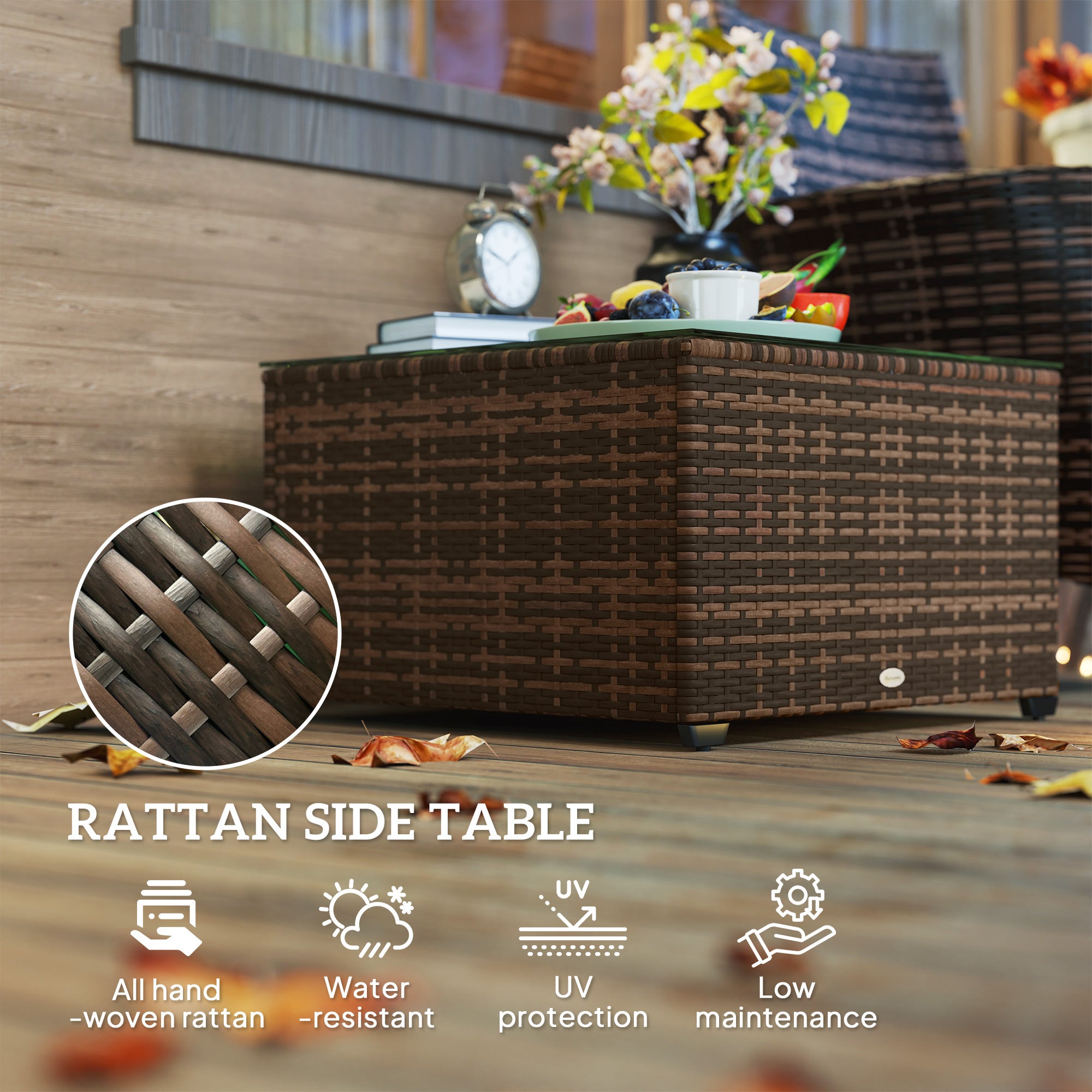 Outsunny 62 x 62cm Glass-Top Rattan Side Table - Brown - North Peak Garden Furniture