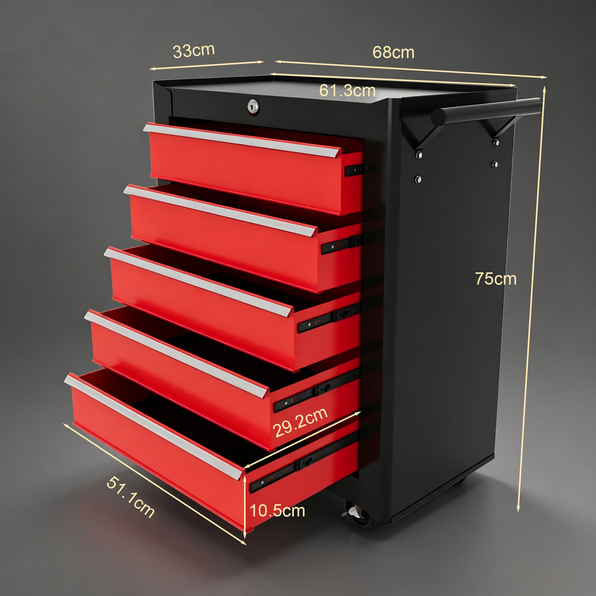 HOMCOM 5-Drawer Tool Chest with Wheels, Steel Lockable Tool Storage Cabinet with Handle, 2 Keys for Garage, Workshop, Red