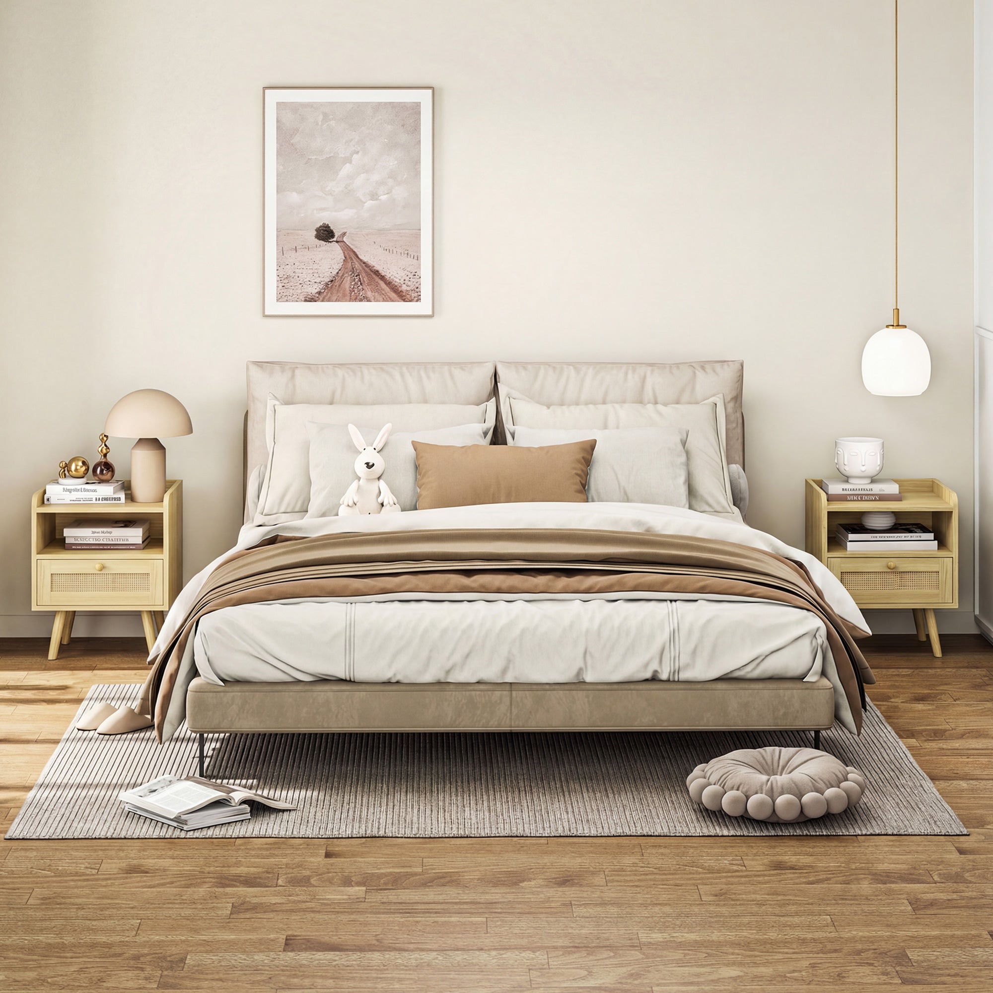 HOMCOM Set of Two Rattan Weave Bedside Tables - Wood Effect