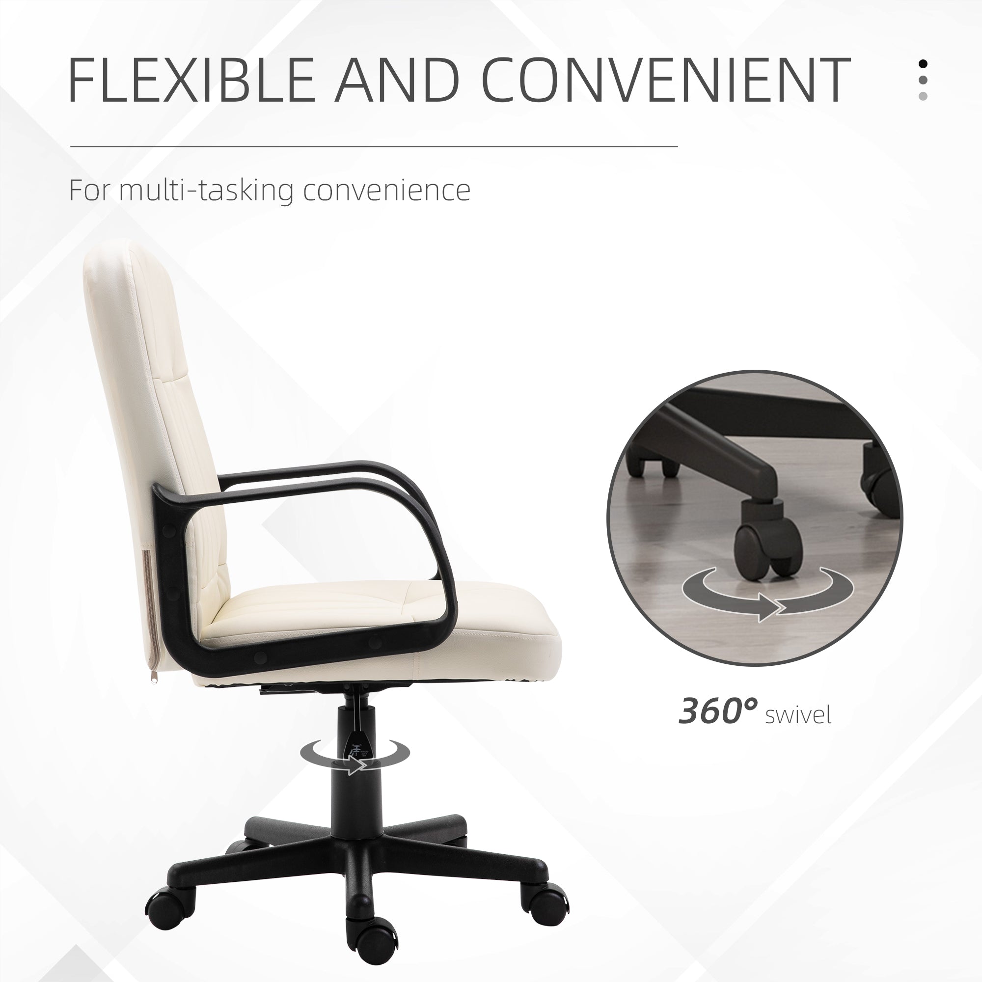 HOMCOM Swivel Executive Office Chair Home Mid Back PU Leather Computer Desk Chair for Adults with Arm, Wheels, Cream - North Peak Garden Furniture