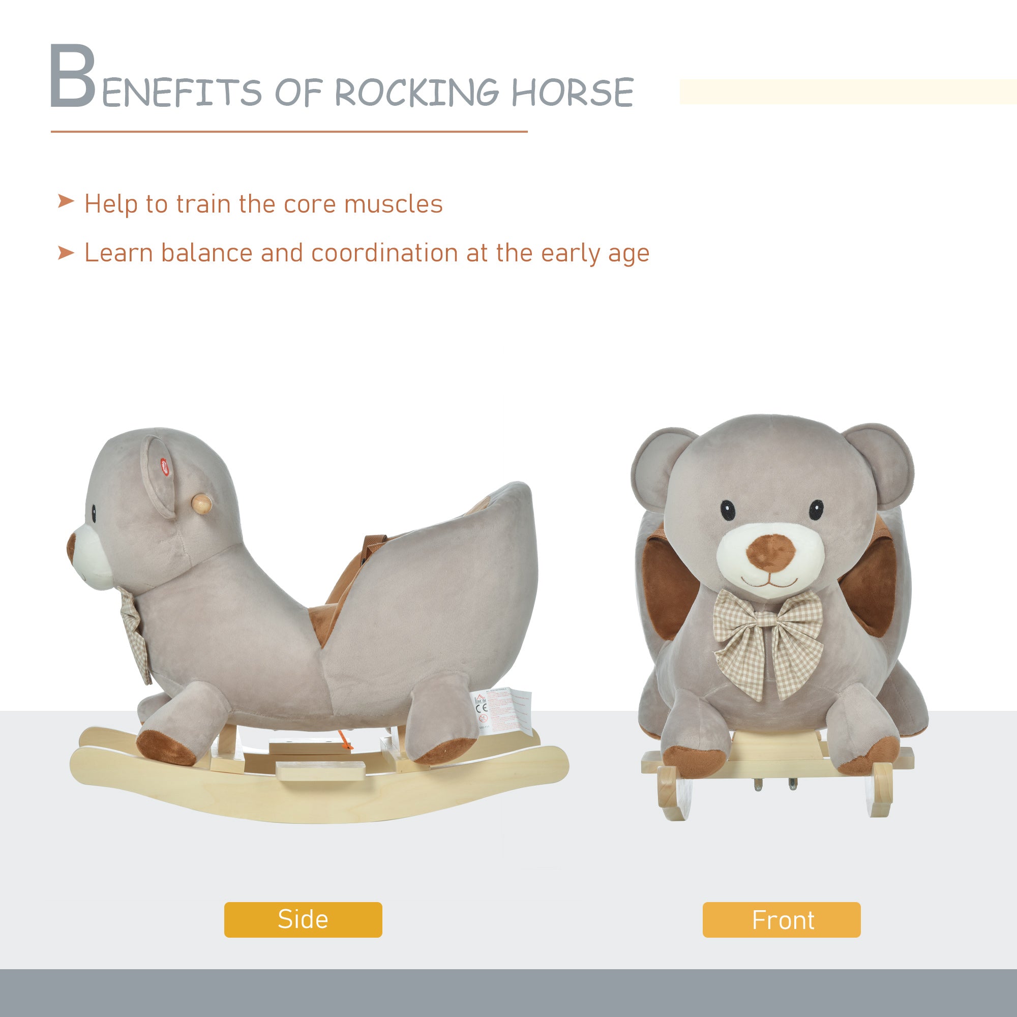 HOMCOM Kids Children Rocking Horse Plush Ride On Bear Seat w/ Sound Wood Base Seat Safety Belt Toddler Baby Toy for 18-36 Months Grey - North Peak Garden Furniture