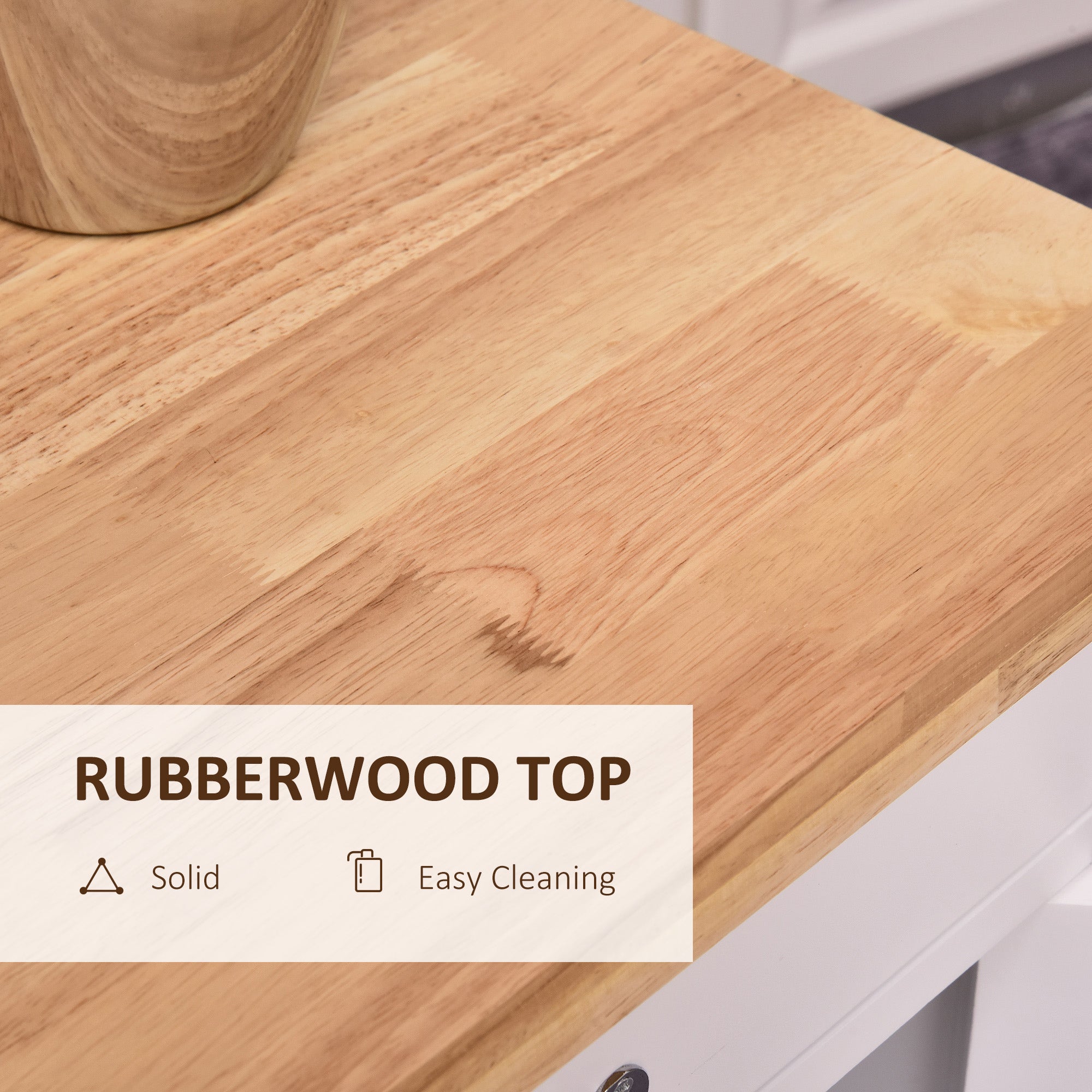 HOMCOM Kitchen Storage Trolley Cart Rolling Wheels Shelves Cupboard W/ Drawer And Towel Rail Rubber Wood Worktop White - North Peak Garden Furniture