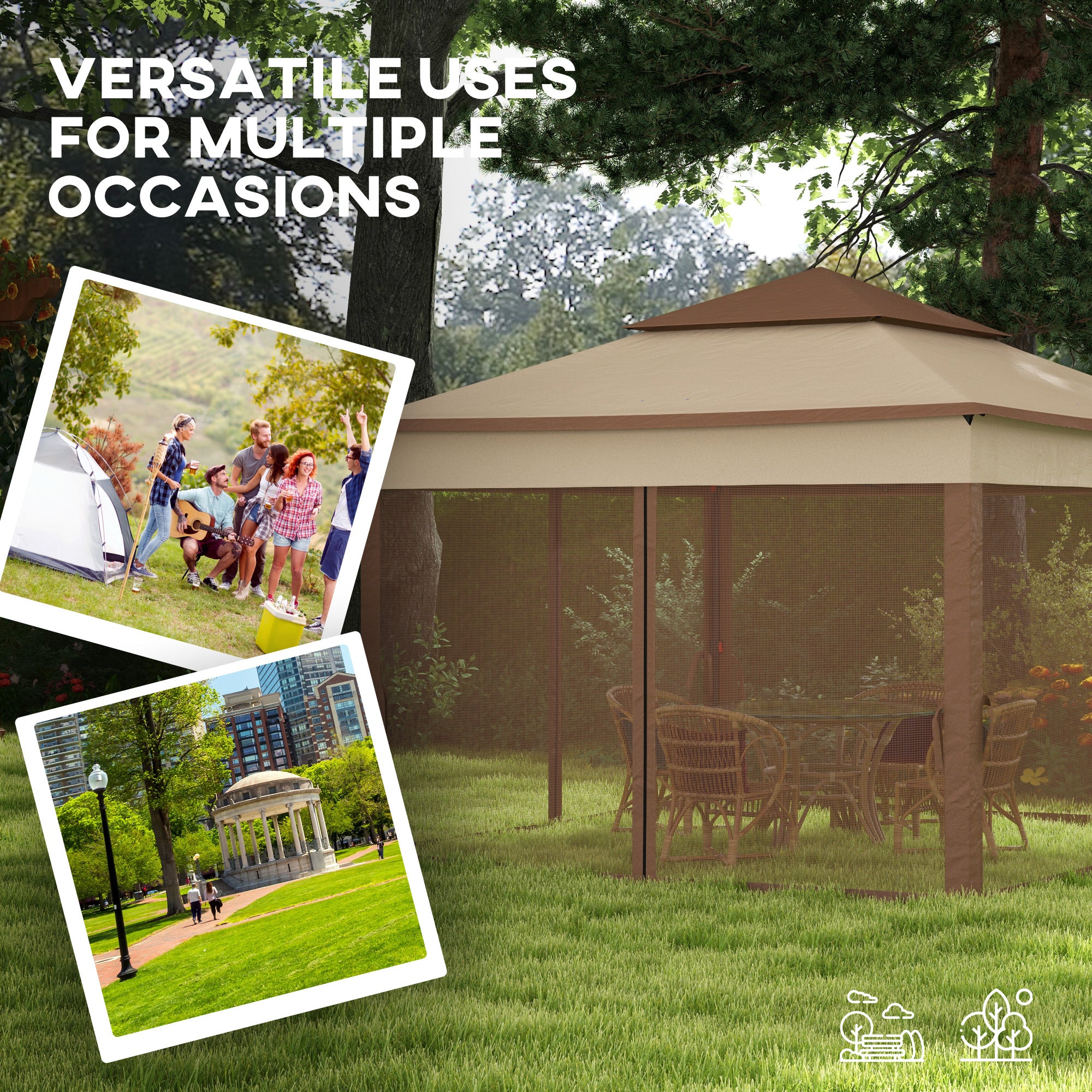 Outsunny 3 x 3(m) Pop Up Gazebo, Double-roof Garden Tent with Netting and Carry Bag, Party Event Shelter for Outdoor Patio, Khaki